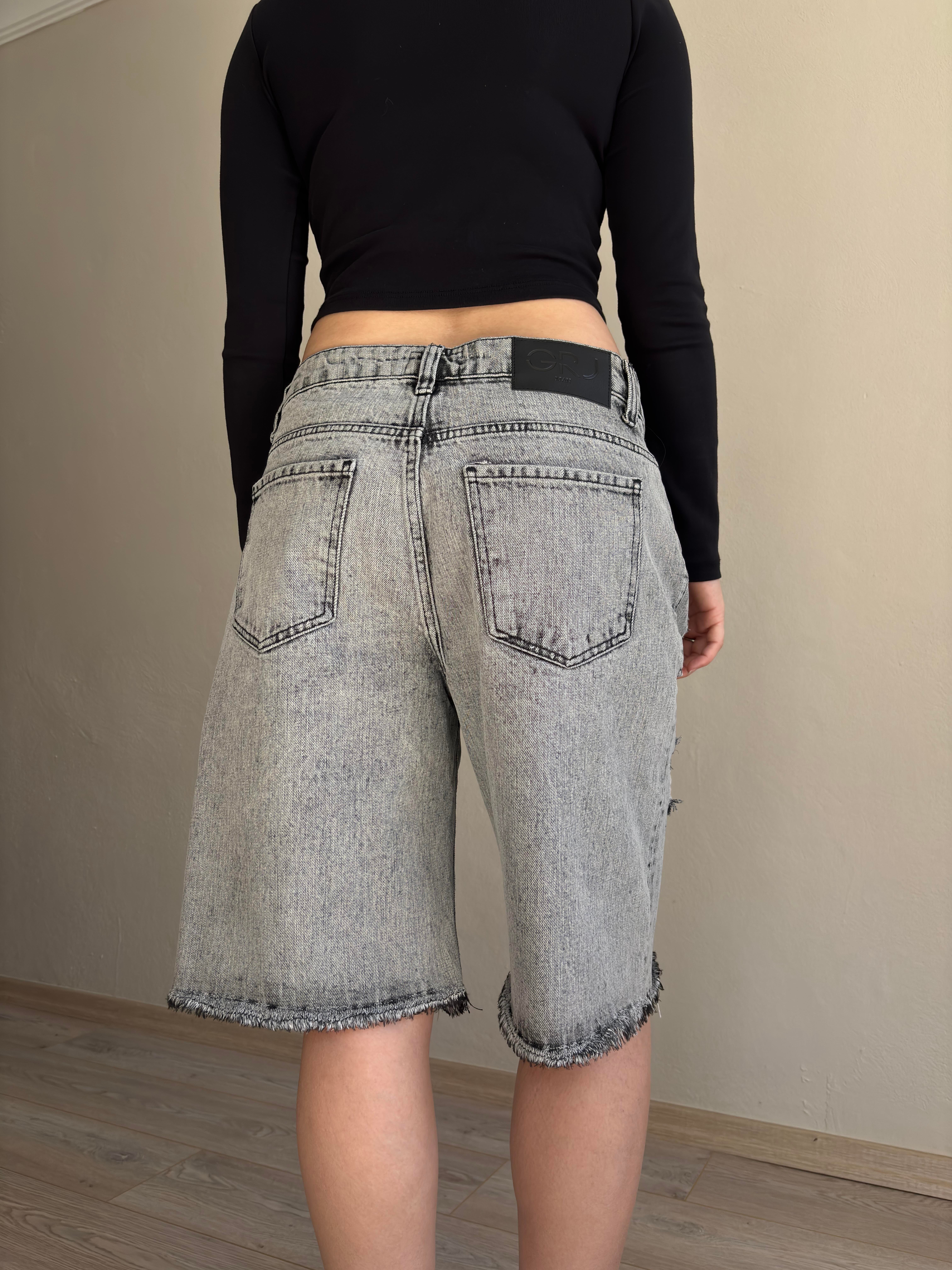 Füme Ton Yırtık Detay Denim Şort