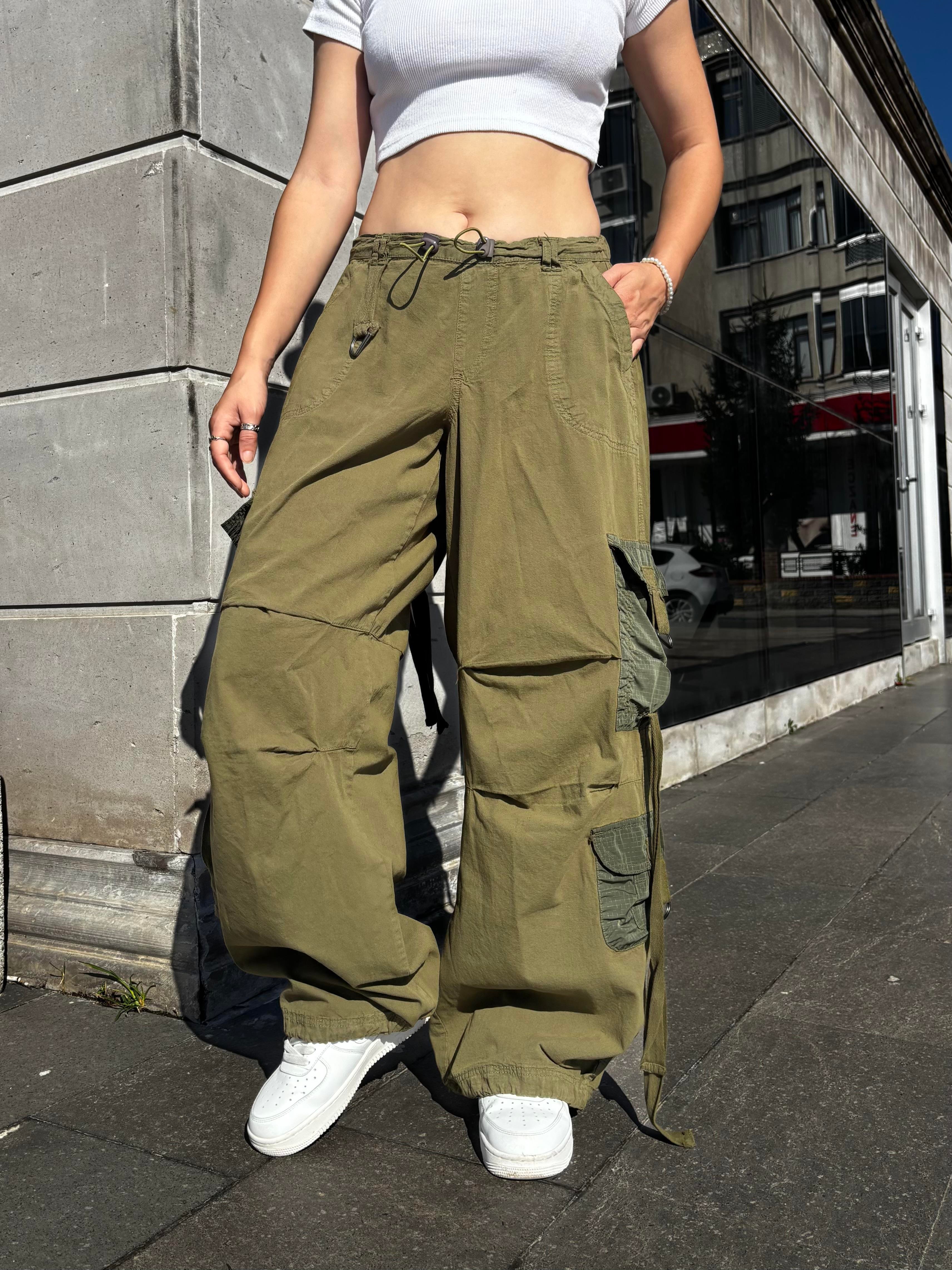 Green Patchwork Multi Pocket Cargo Pants