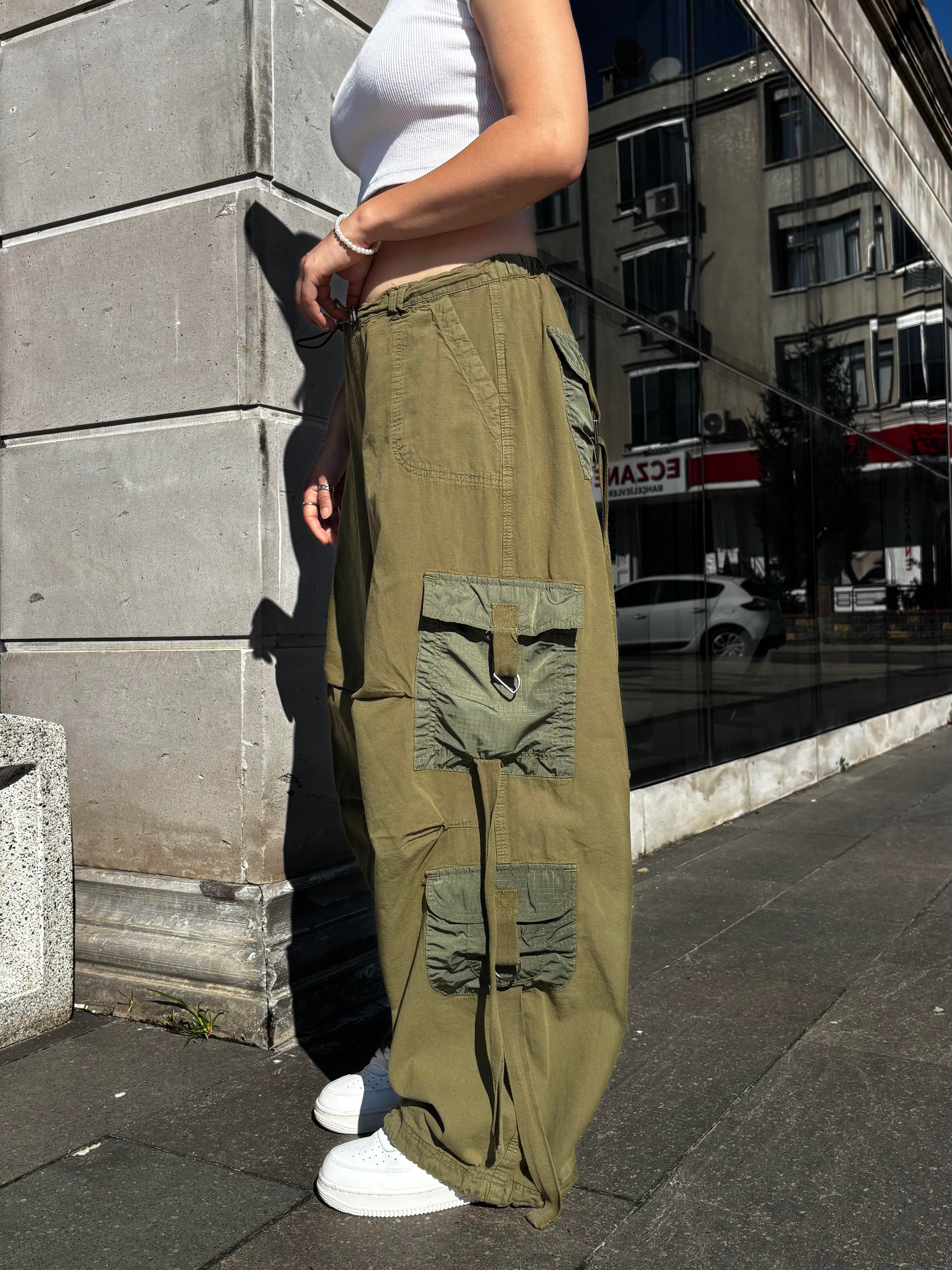 Green Patchwork Multi Pocket Cargo Pants