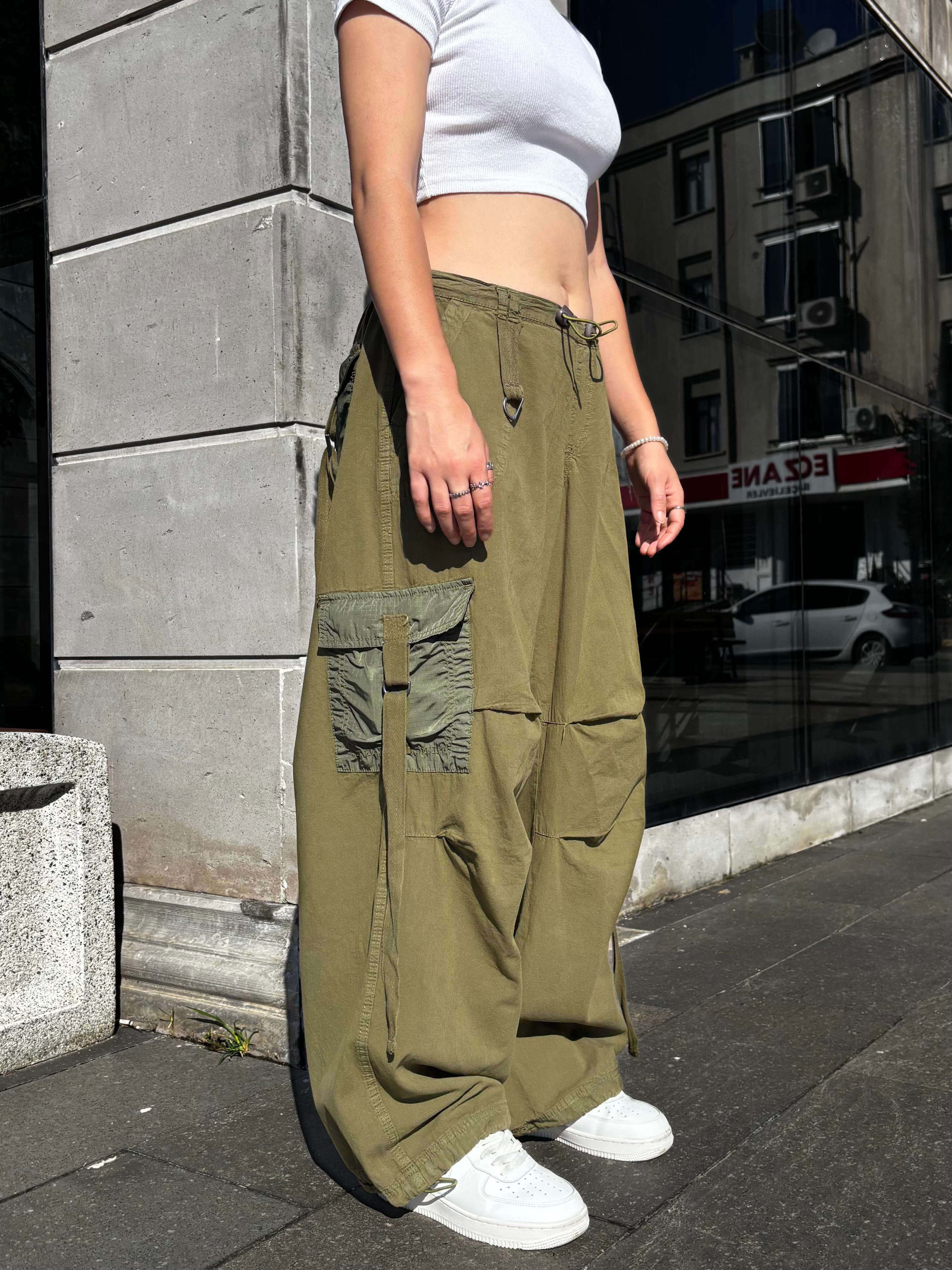 Green Patchwork Multi Pocket Cargo Pants