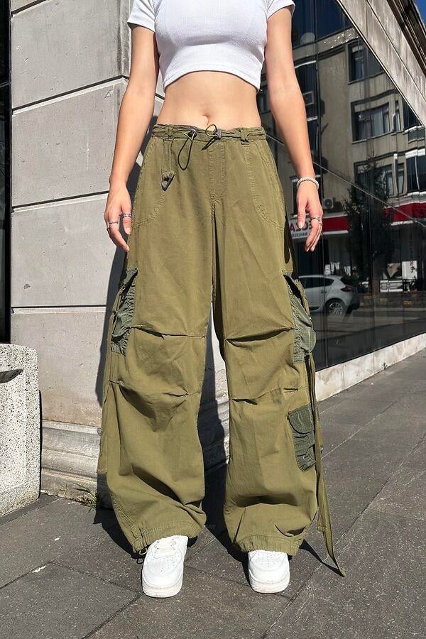 Green Patchwork Multi Pocket Cargo Pants