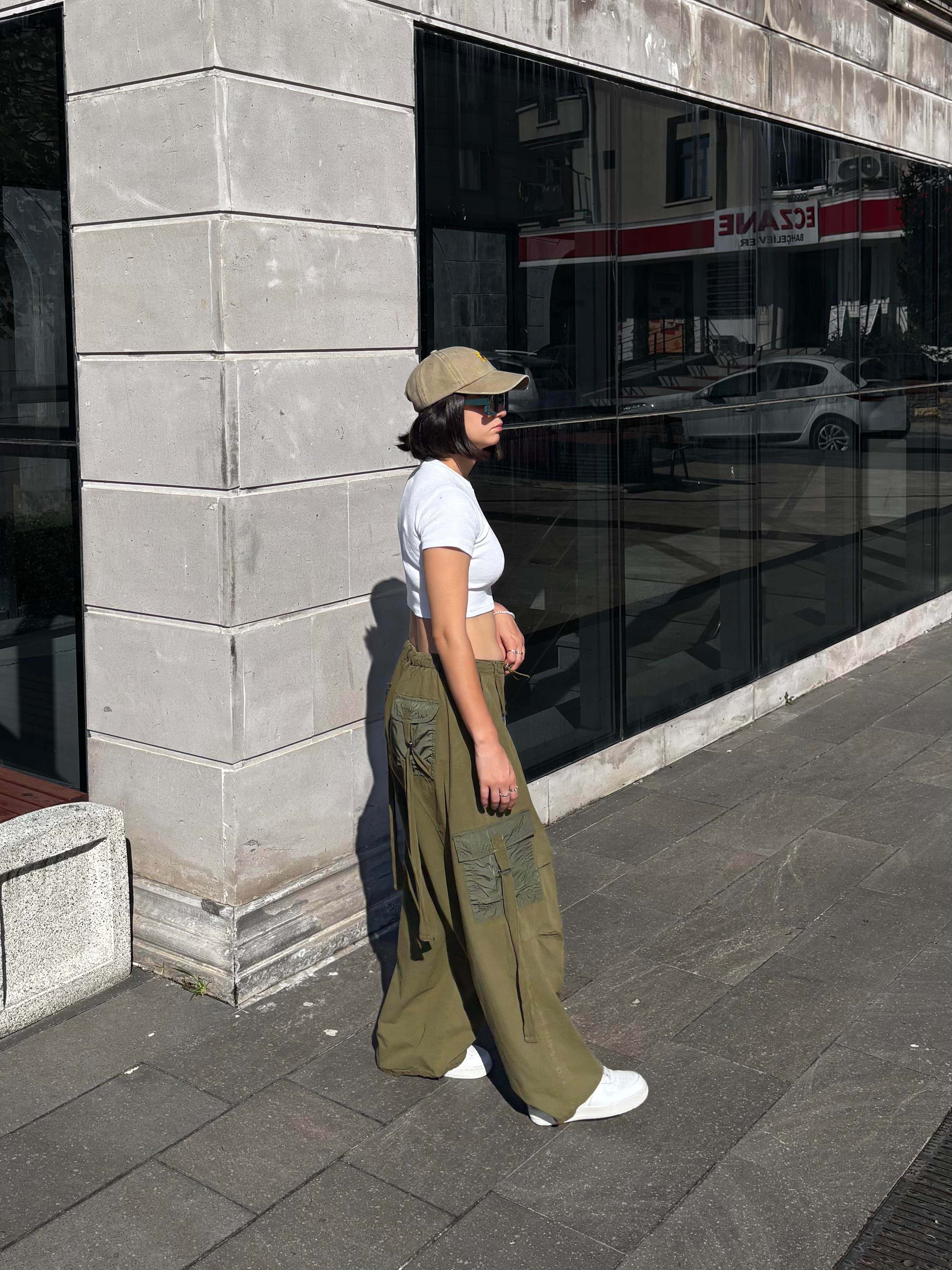 Green Patchwork Multi Pocket Cargo Pants
