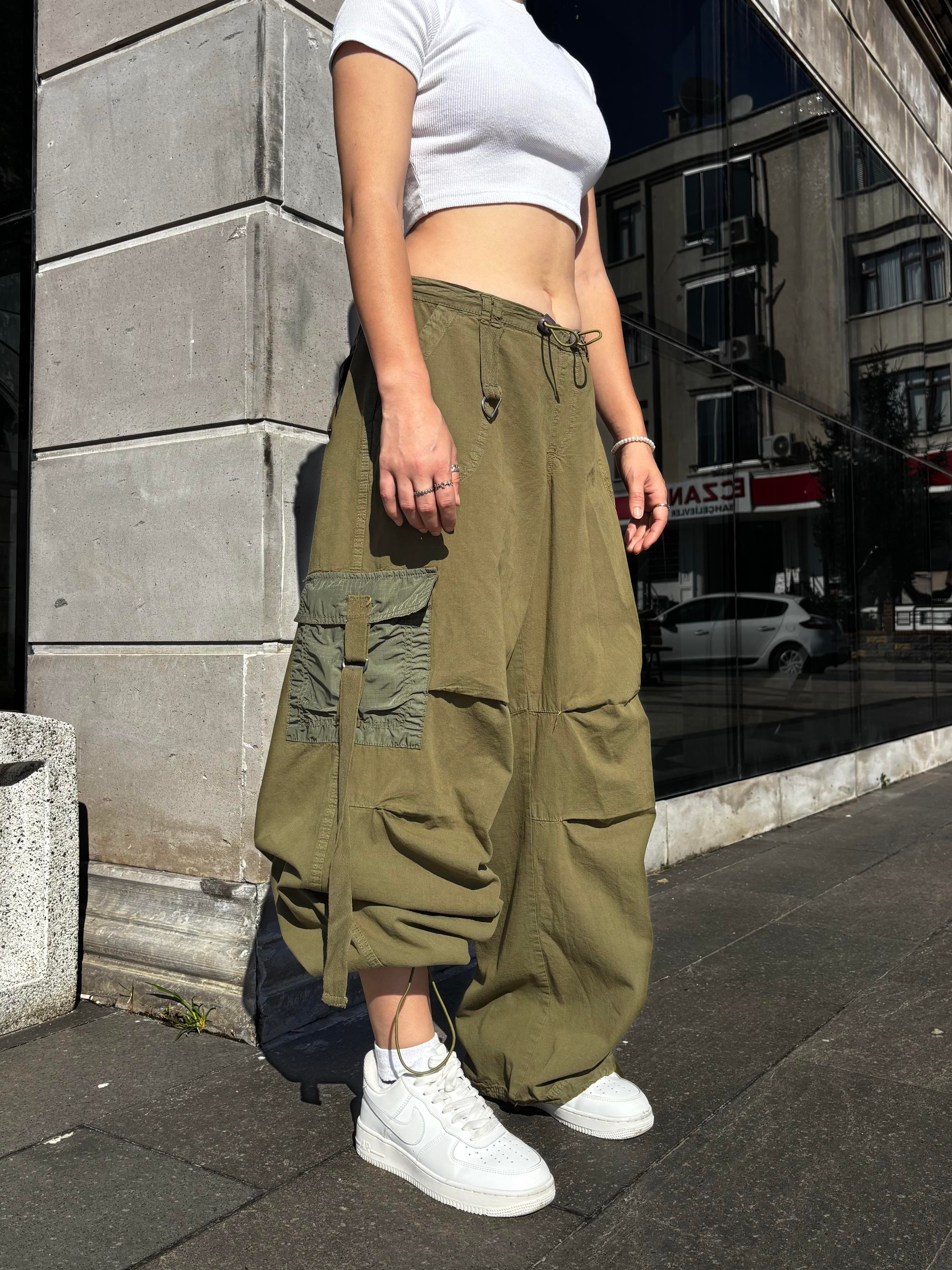 Green Patchwork Multi Pocket Cargo Pants