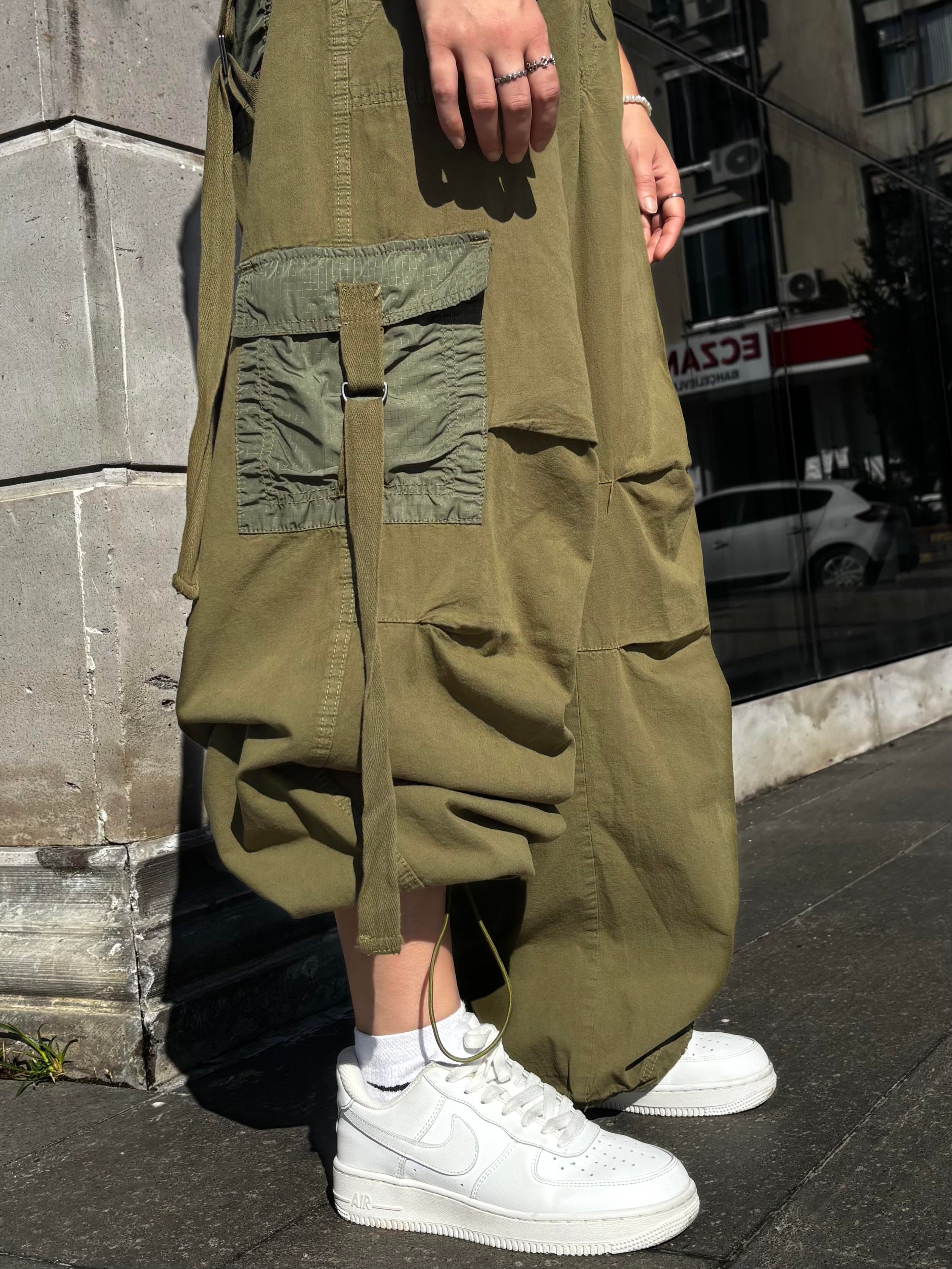 Green Patchwork Multi Pocket Cargo Pants