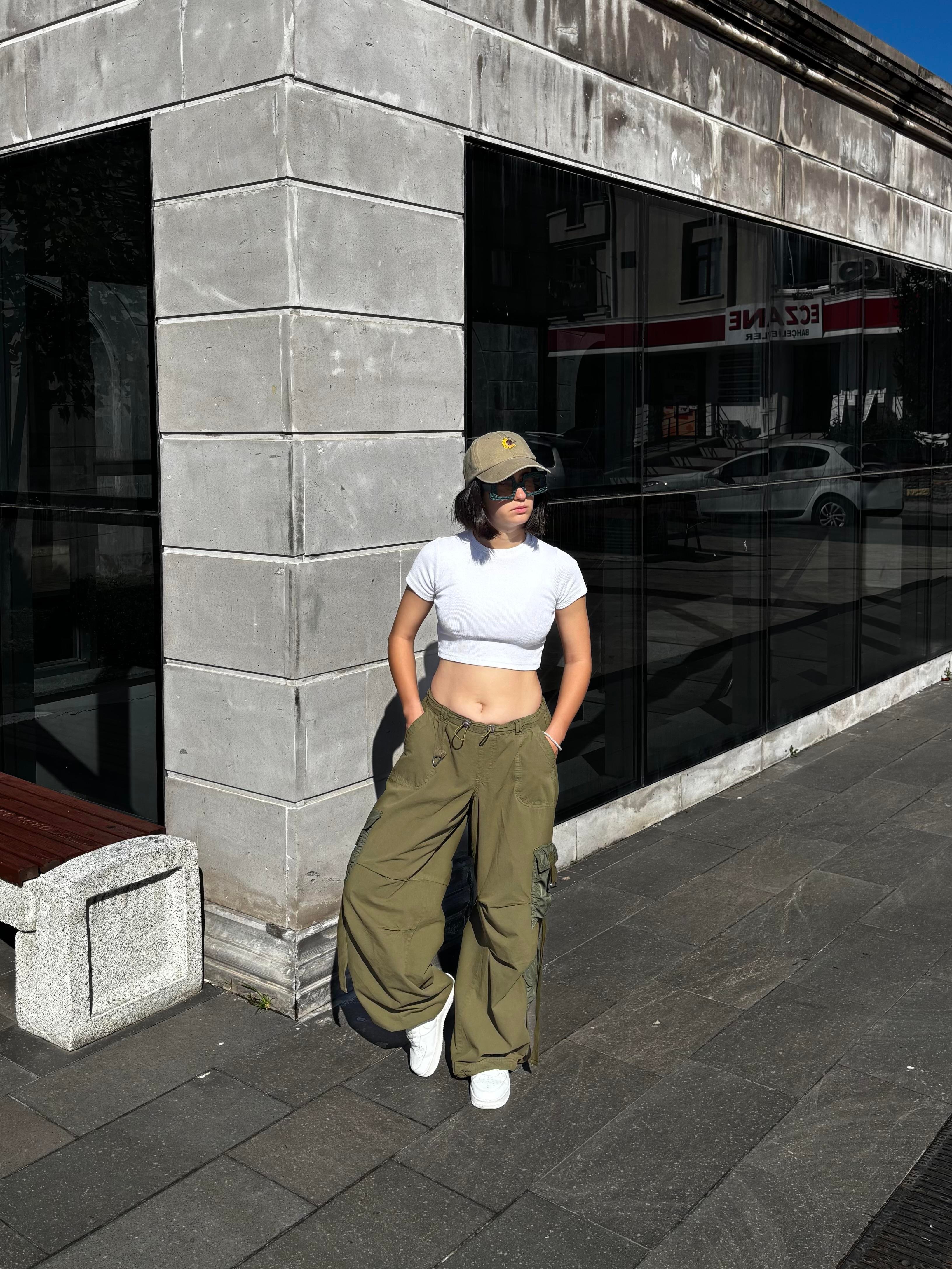 Green Patchwork Multi Pocket Cargo Pants