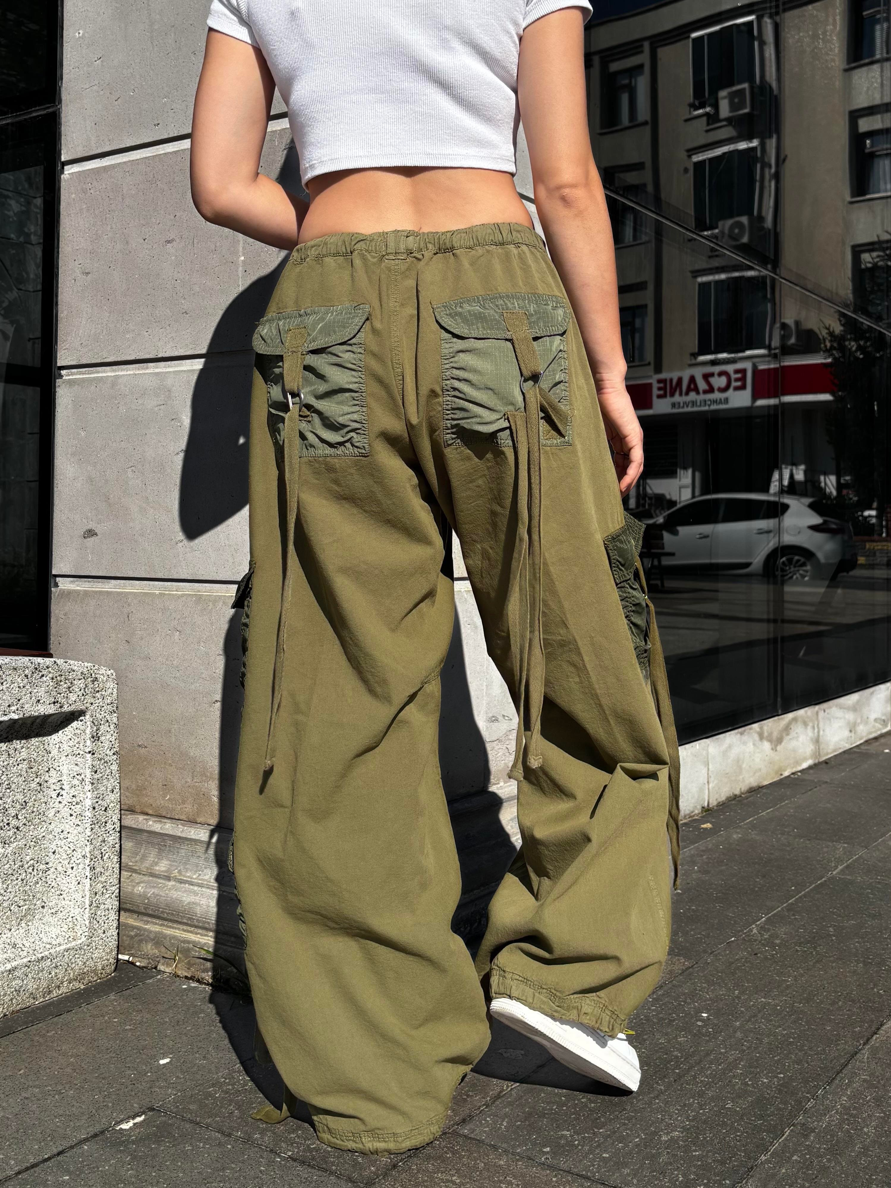 Green Patchwork Multi Pocket Cargo Pants