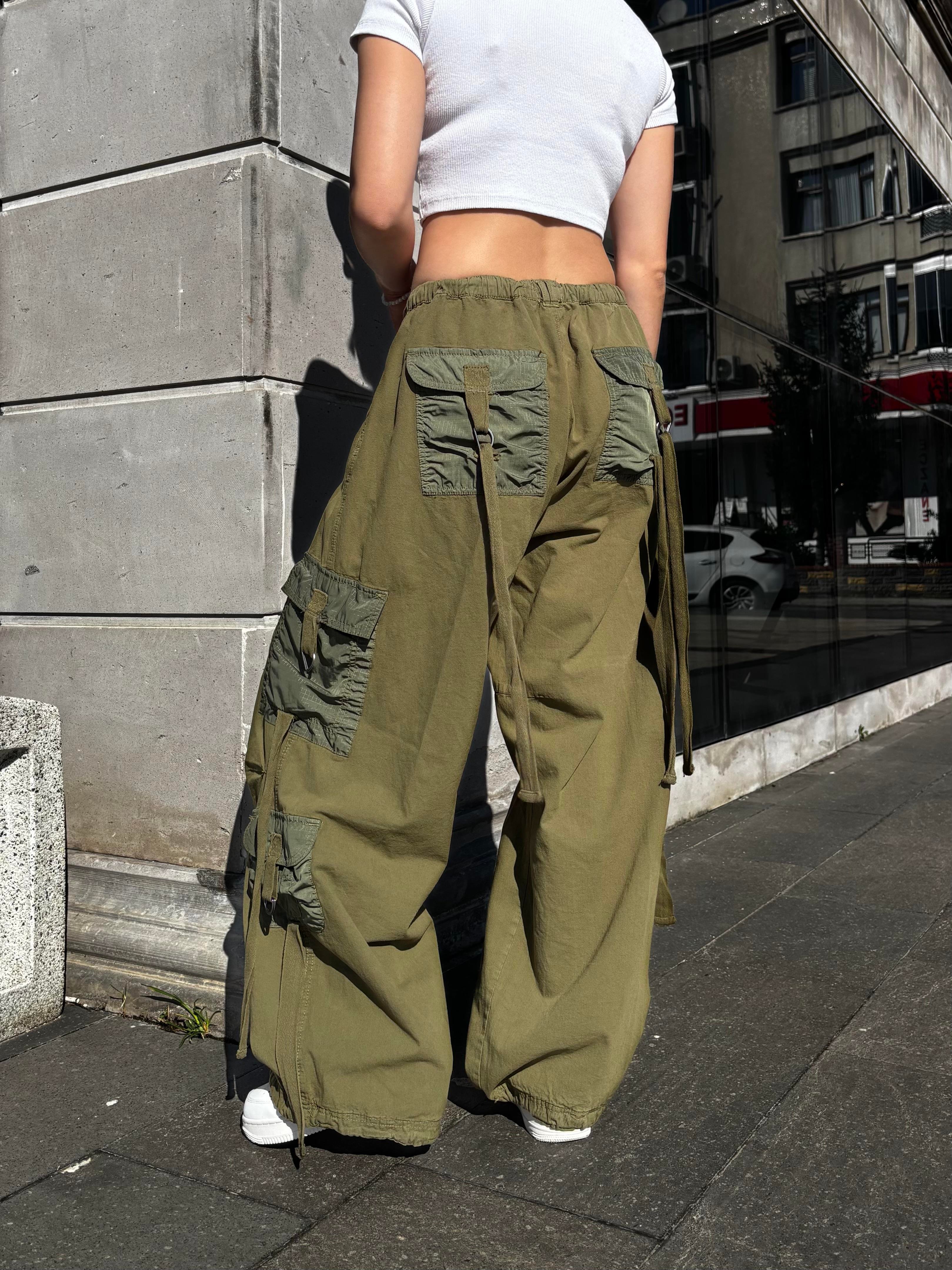Green Patchwork Multi Pocket Cargo Pants