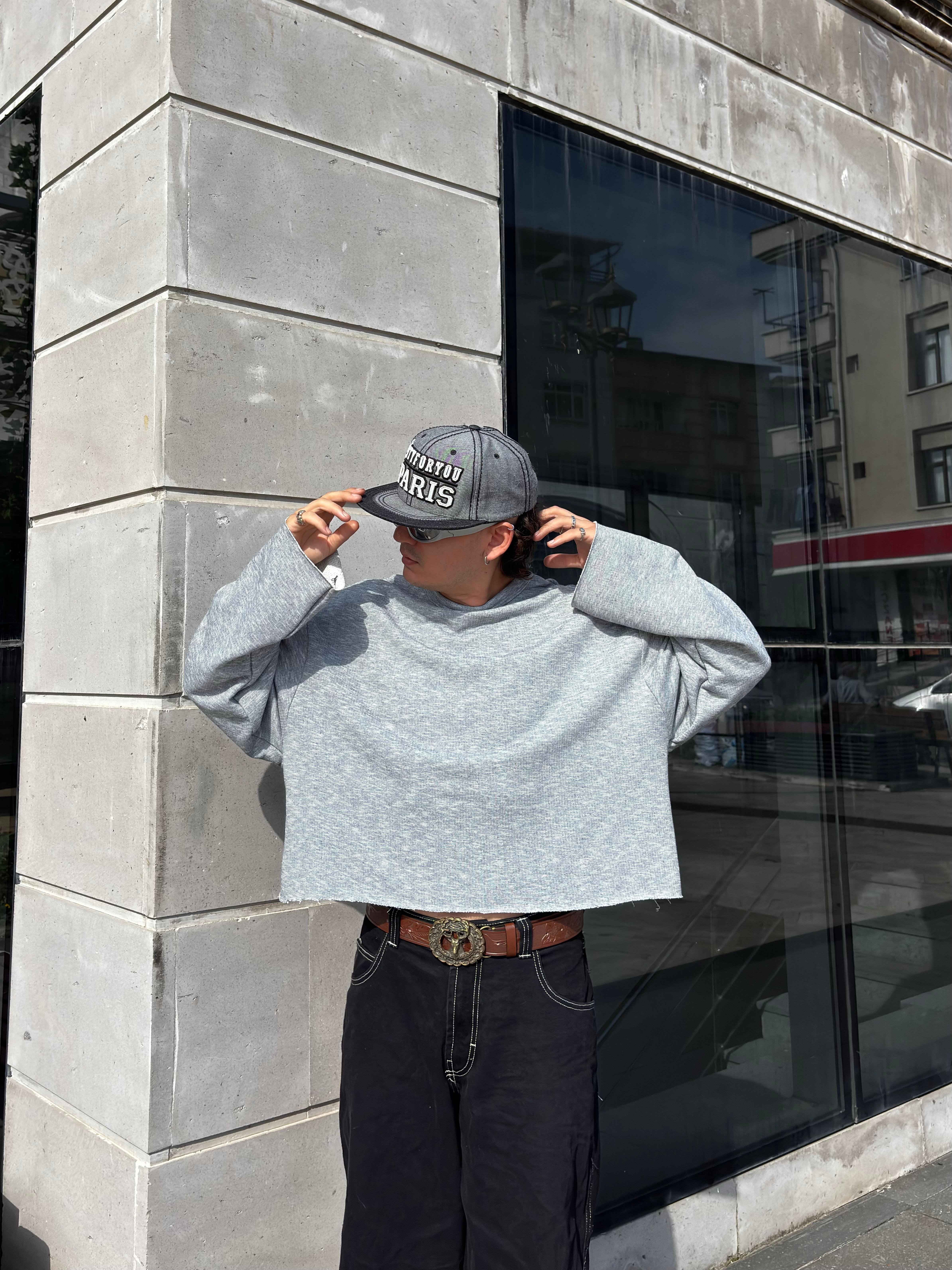 Grey Boxy Fit Cut-Off Sweatshirt