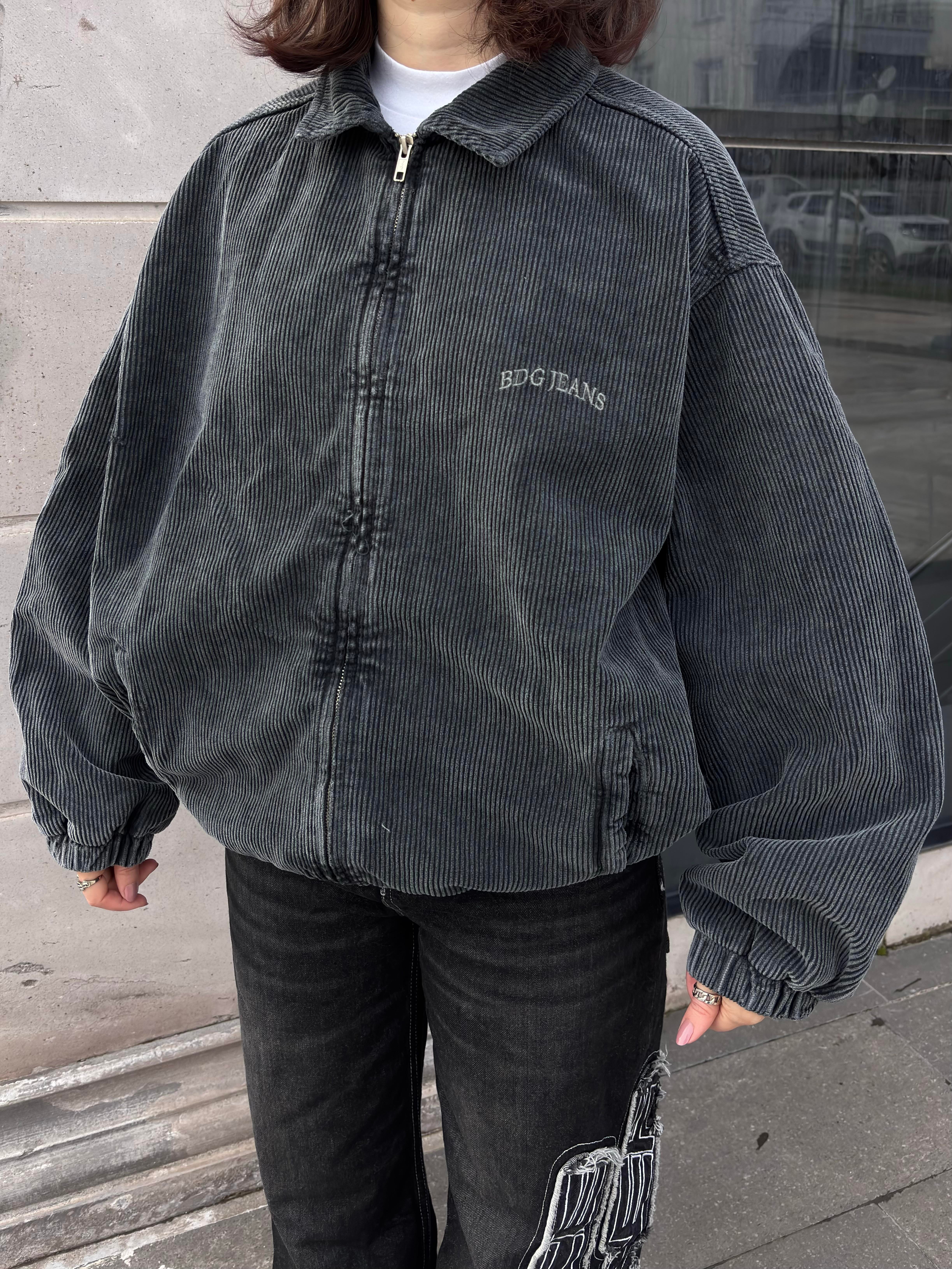 Grey Ton Fitilli Kadife Harrington Jacket