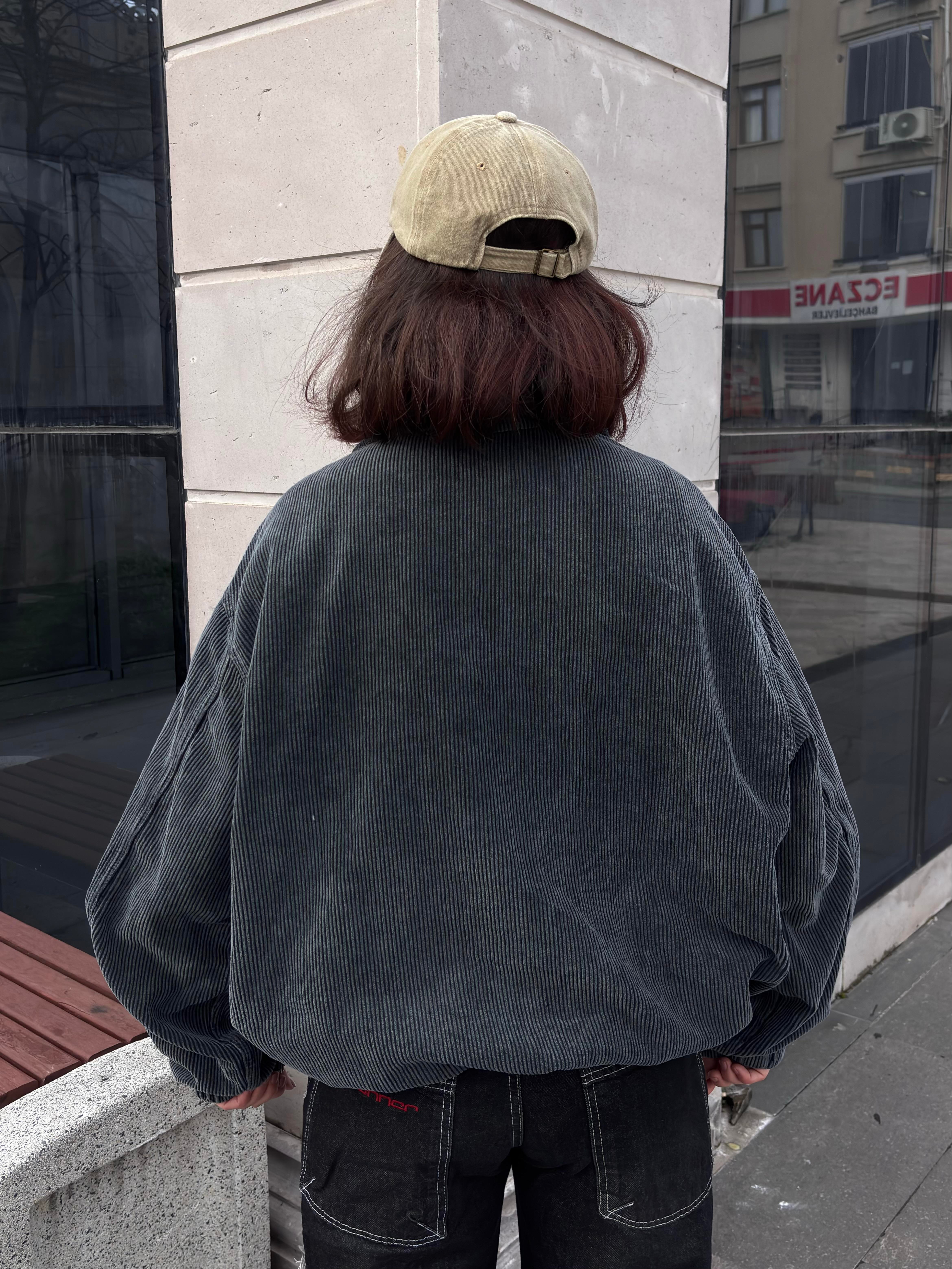Grey Ton Fitilli Kadife Harrington Jacket