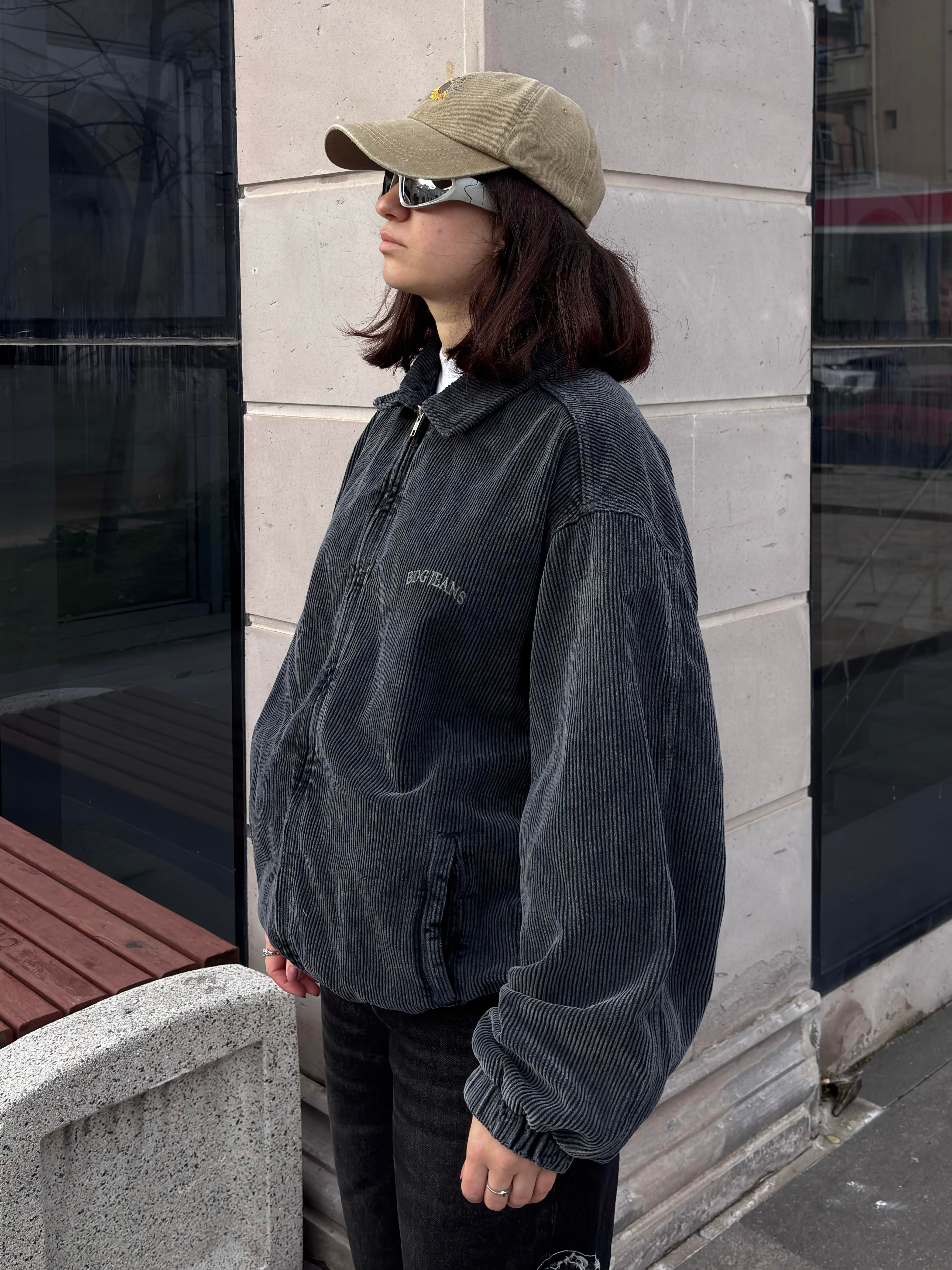 Grey Ton Fitilli Kadife Harrington Jacket