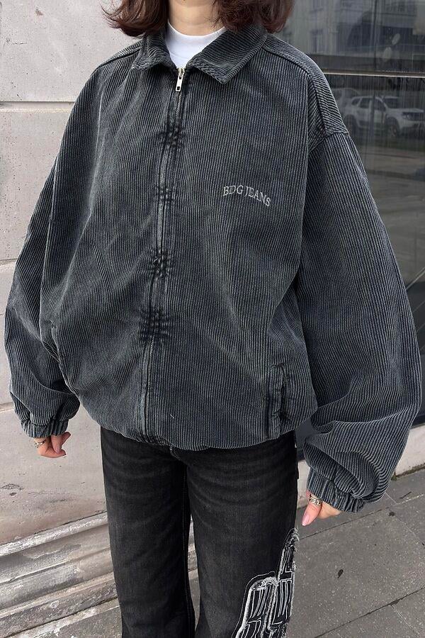 Grey Ton Fitilli Kadife Harrington Jacket