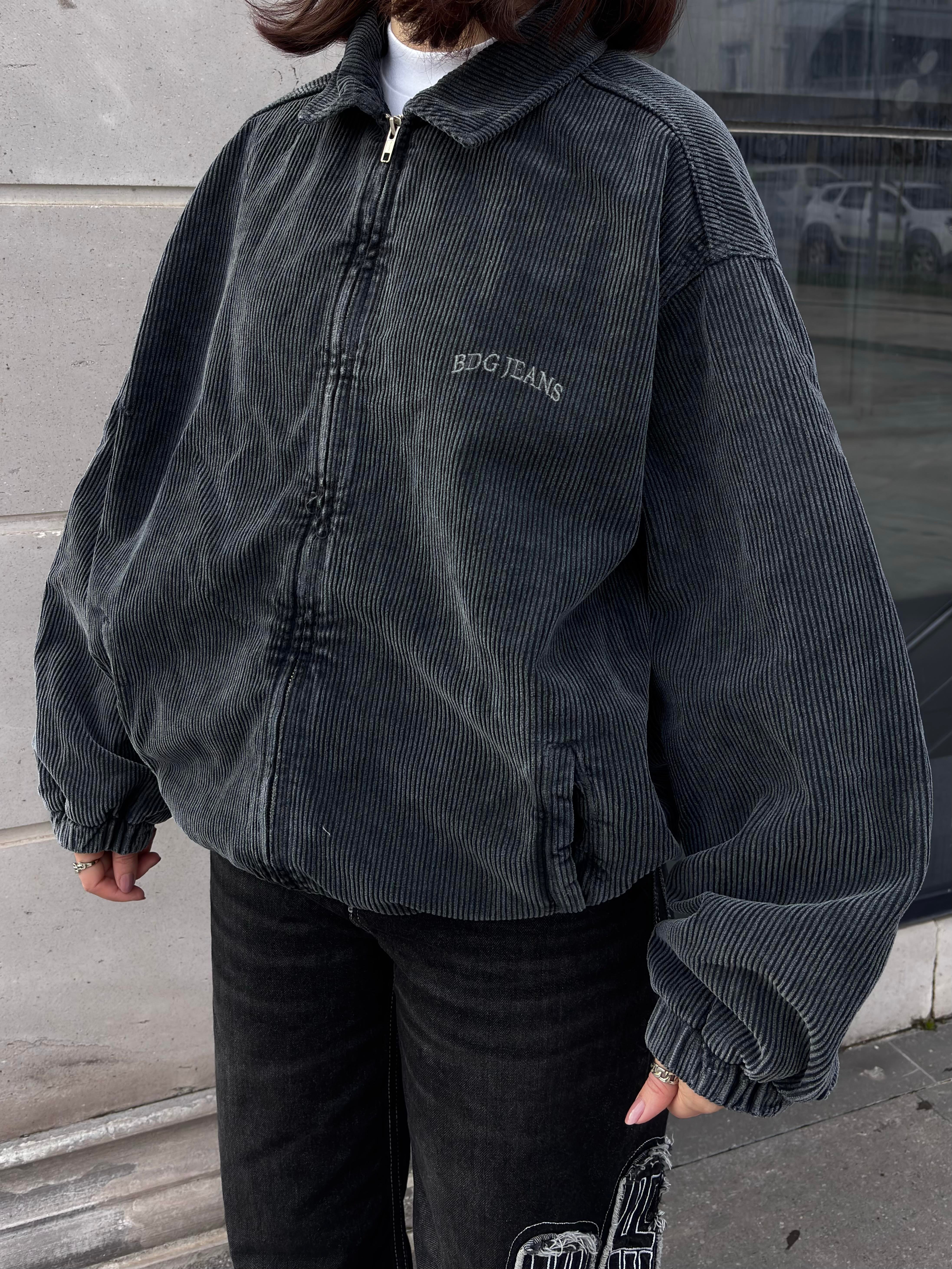 Grey Ton Fitilli Kadife Harrington Jacket
