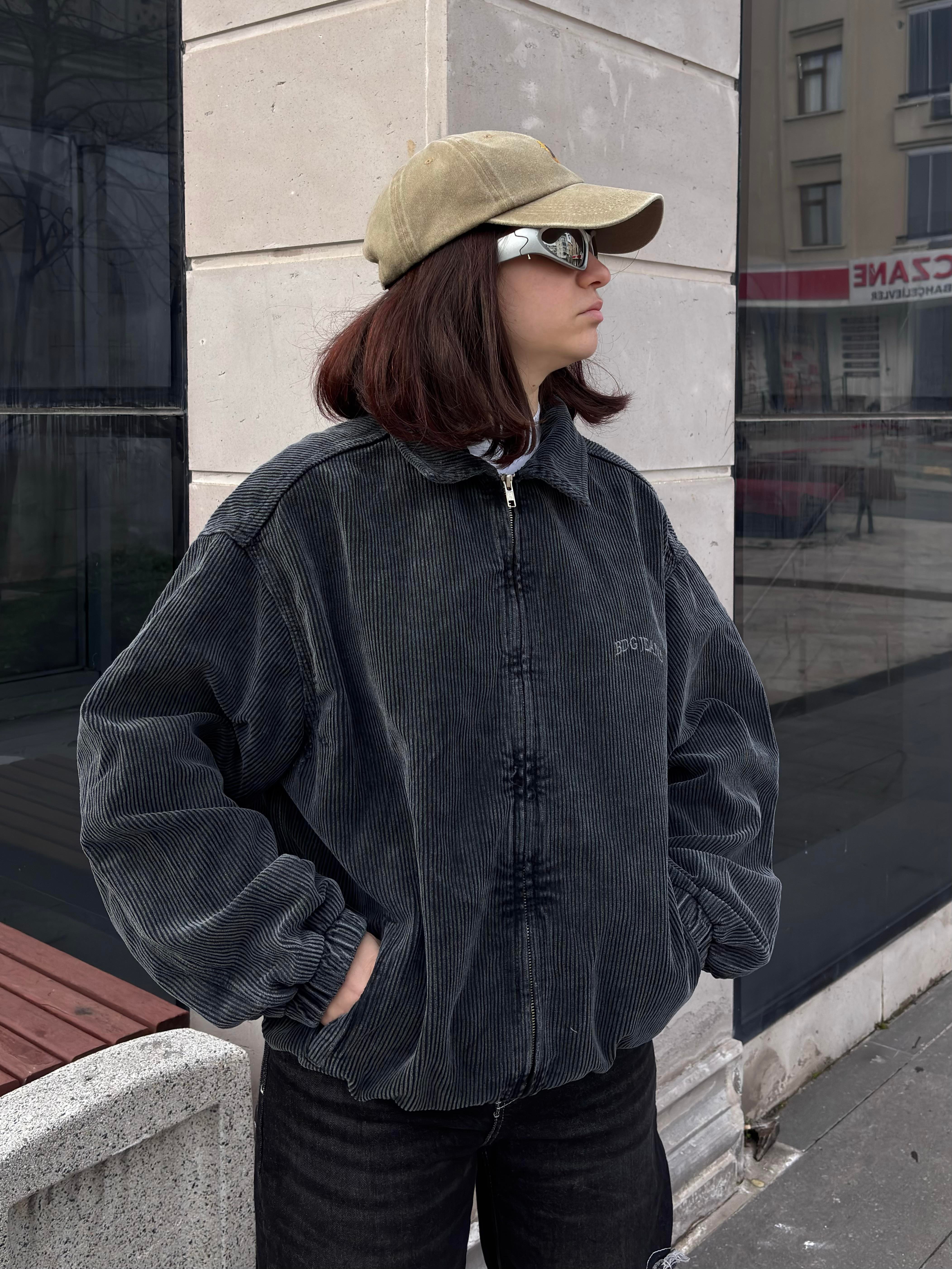 Grey Ton Fitilli Kadife Harrington Jacket