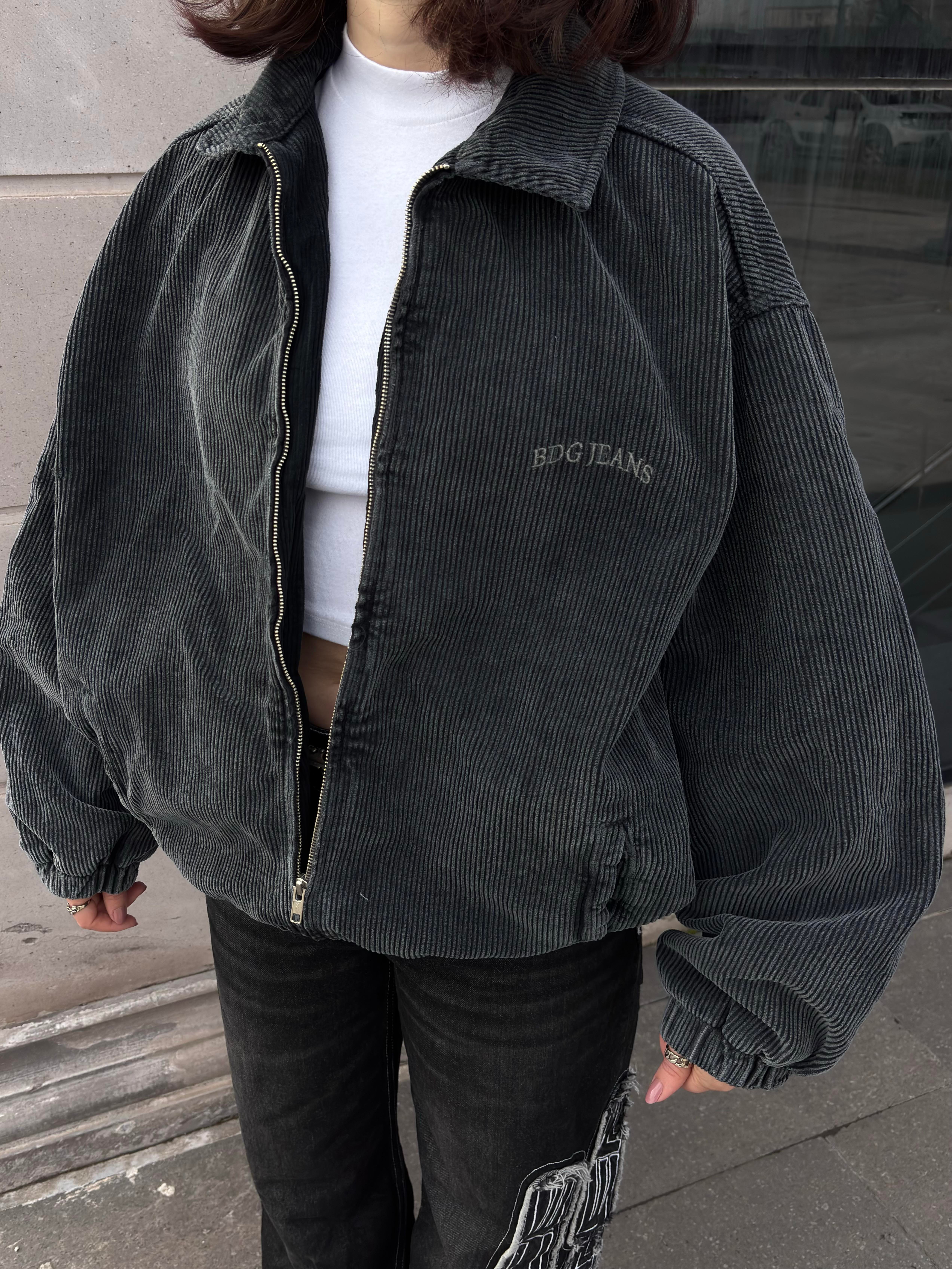 Grey Ton Fitilli Kadife Harrington Jacket
