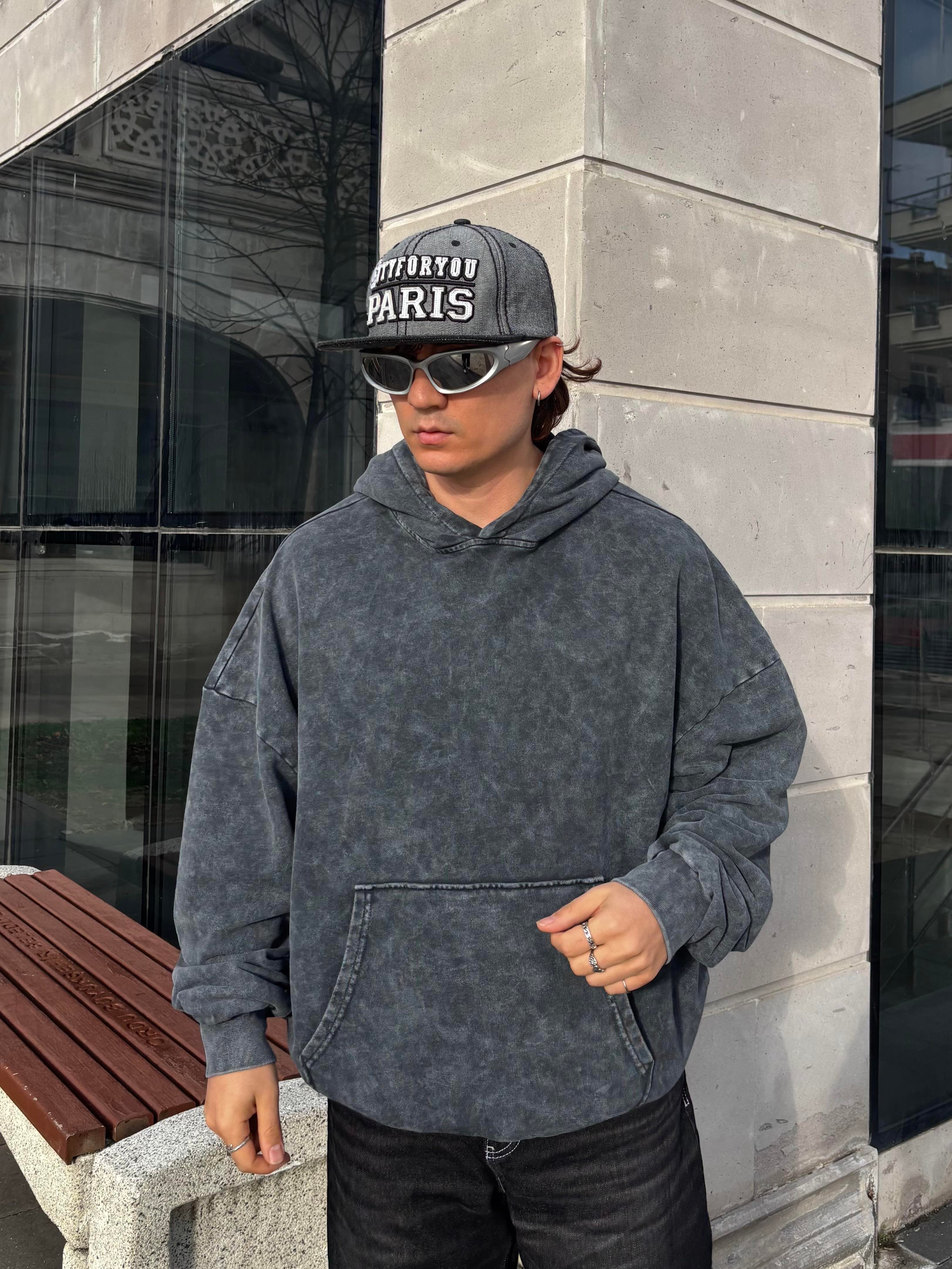 Grey Tone Yıkamalı Oversize Hoodie