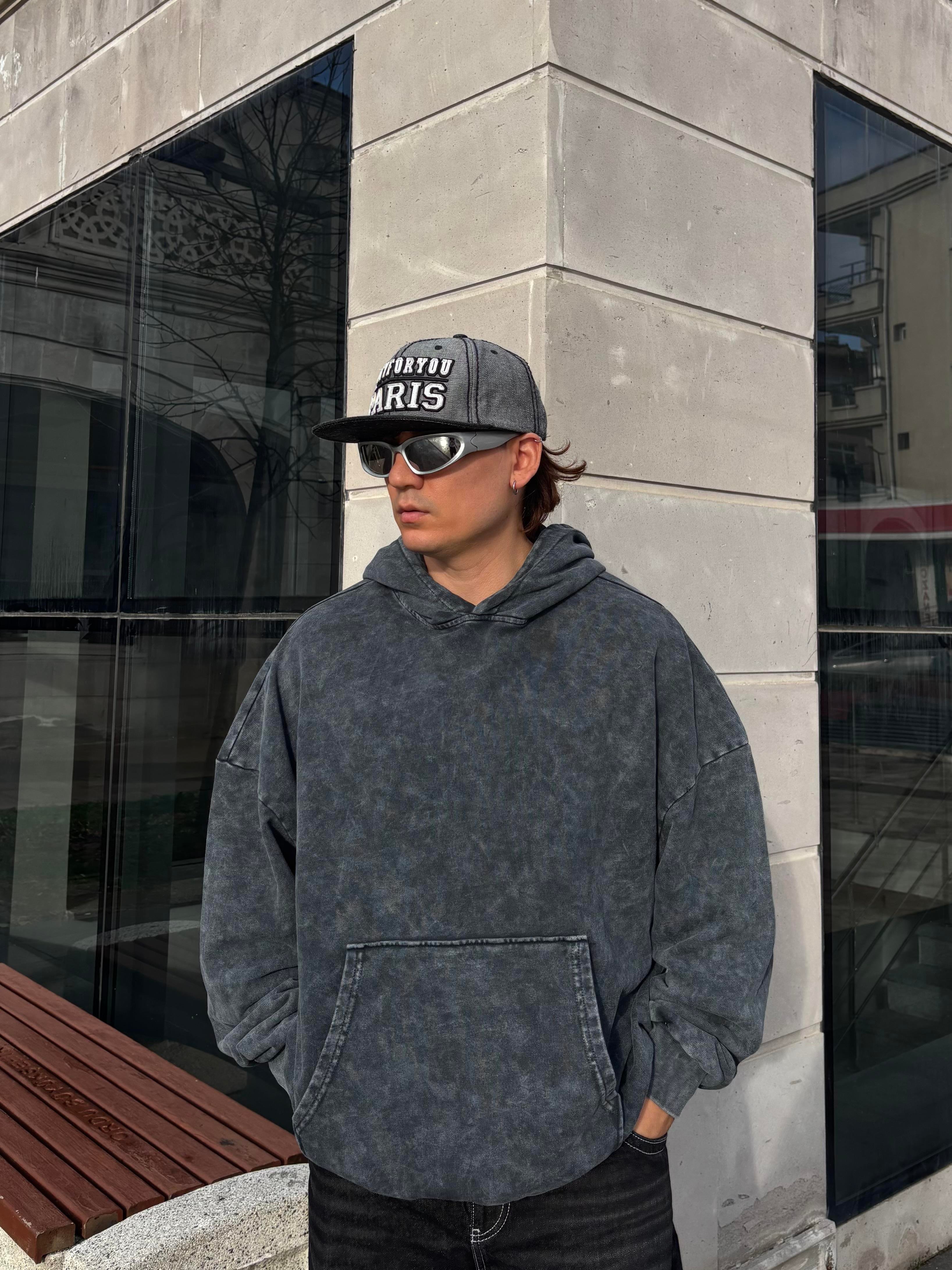 Grey Tone Yıkamalı Oversize Hoodie