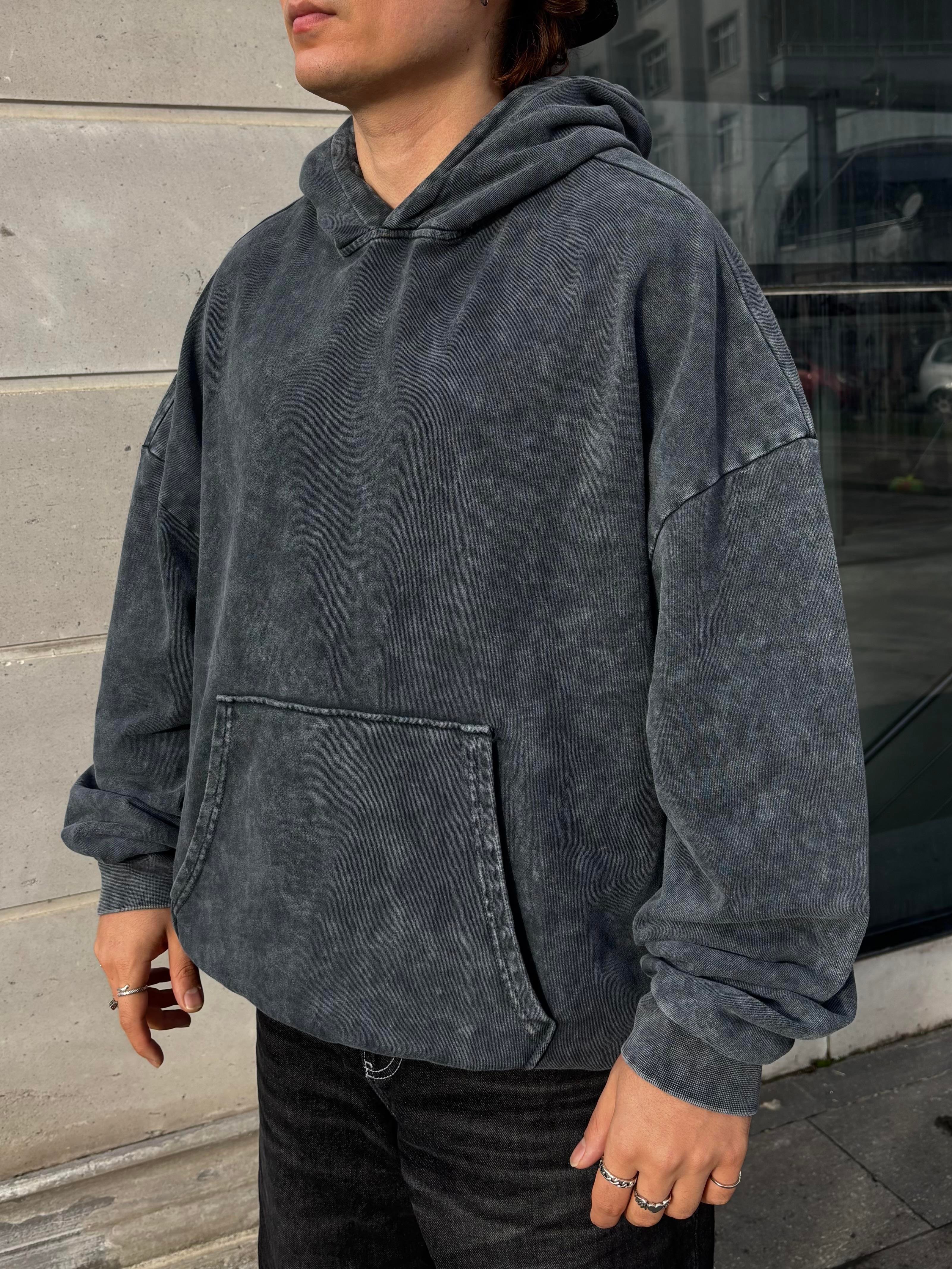 Grey Tone Yıkamalı Oversize Hoodie