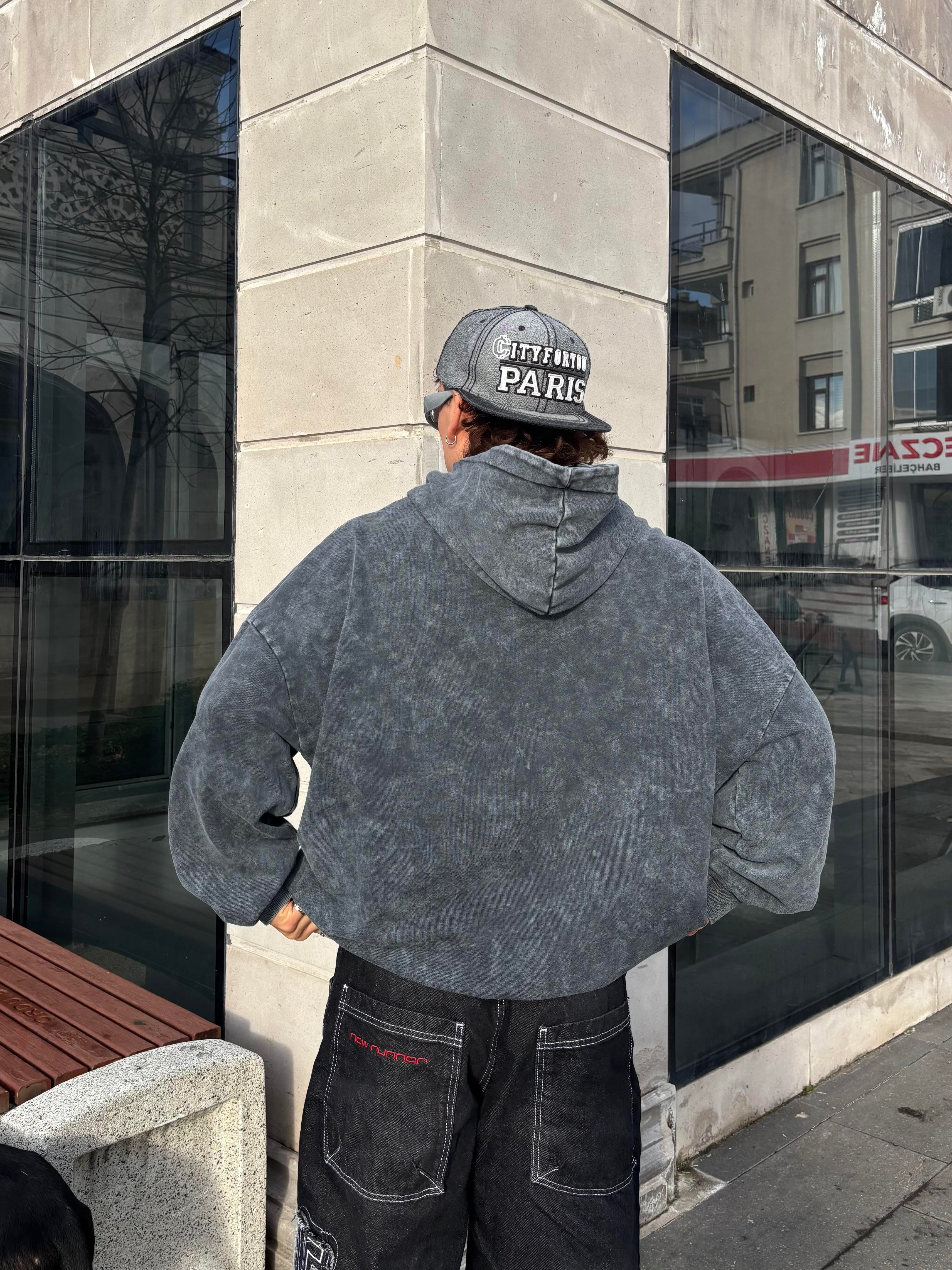 Grey Tone Yıkamalı Oversize Hoodie