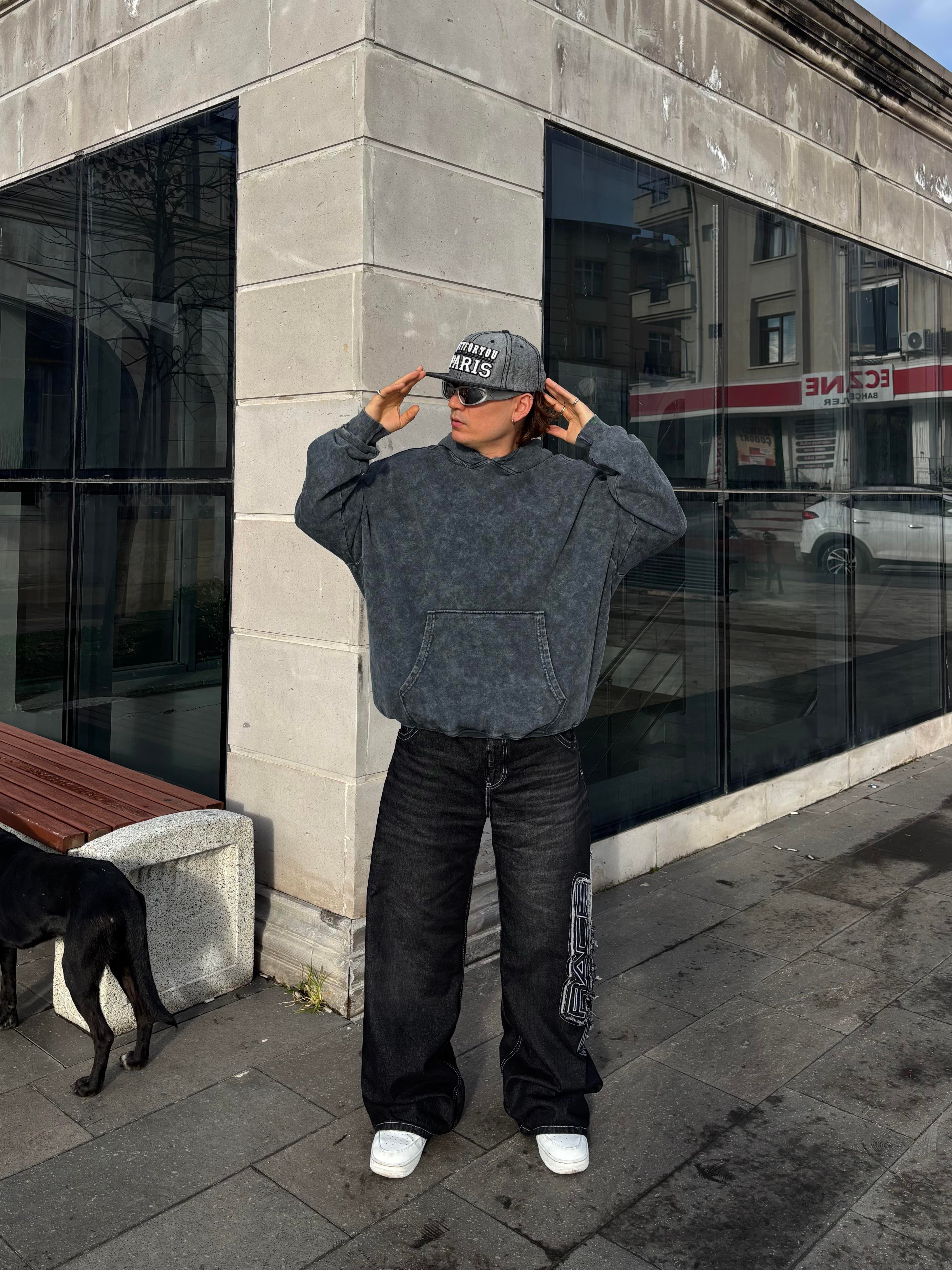 Grey Tone Yıkamalı Oversize Hoodie