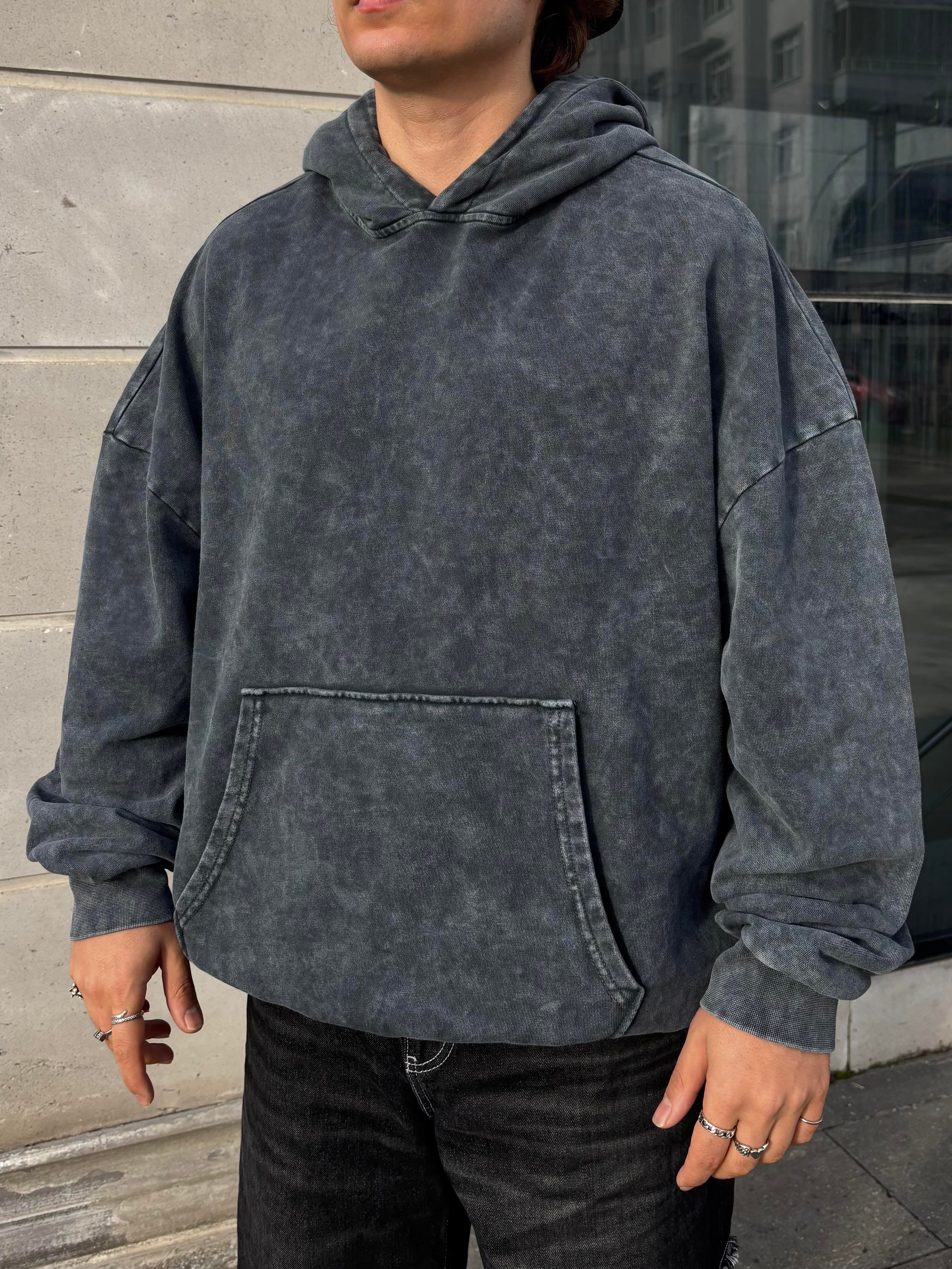 Grey Tone Yıkamalı Oversize Hoodie