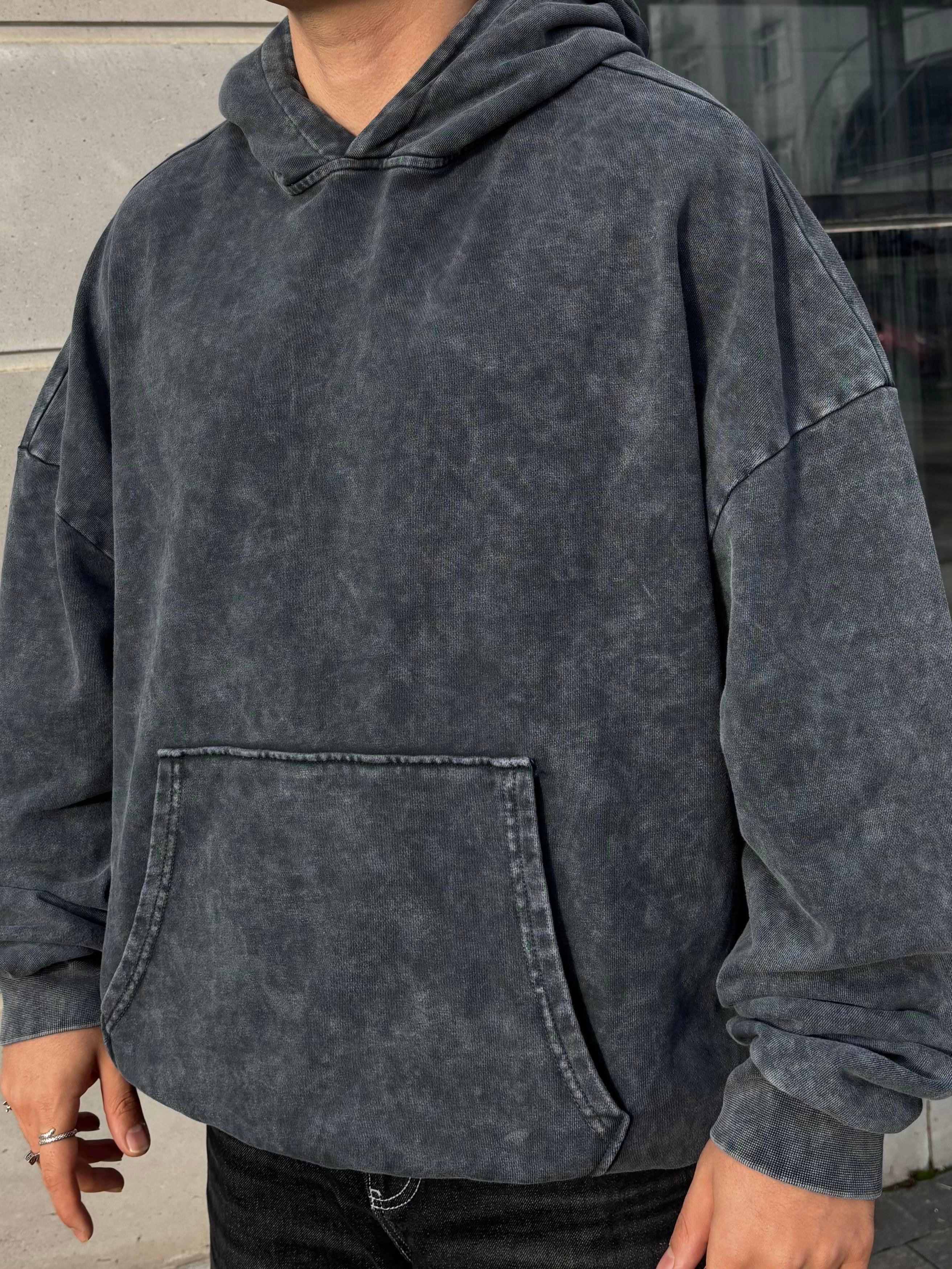 Grey Tone Yıkamalı Oversize Hoodie