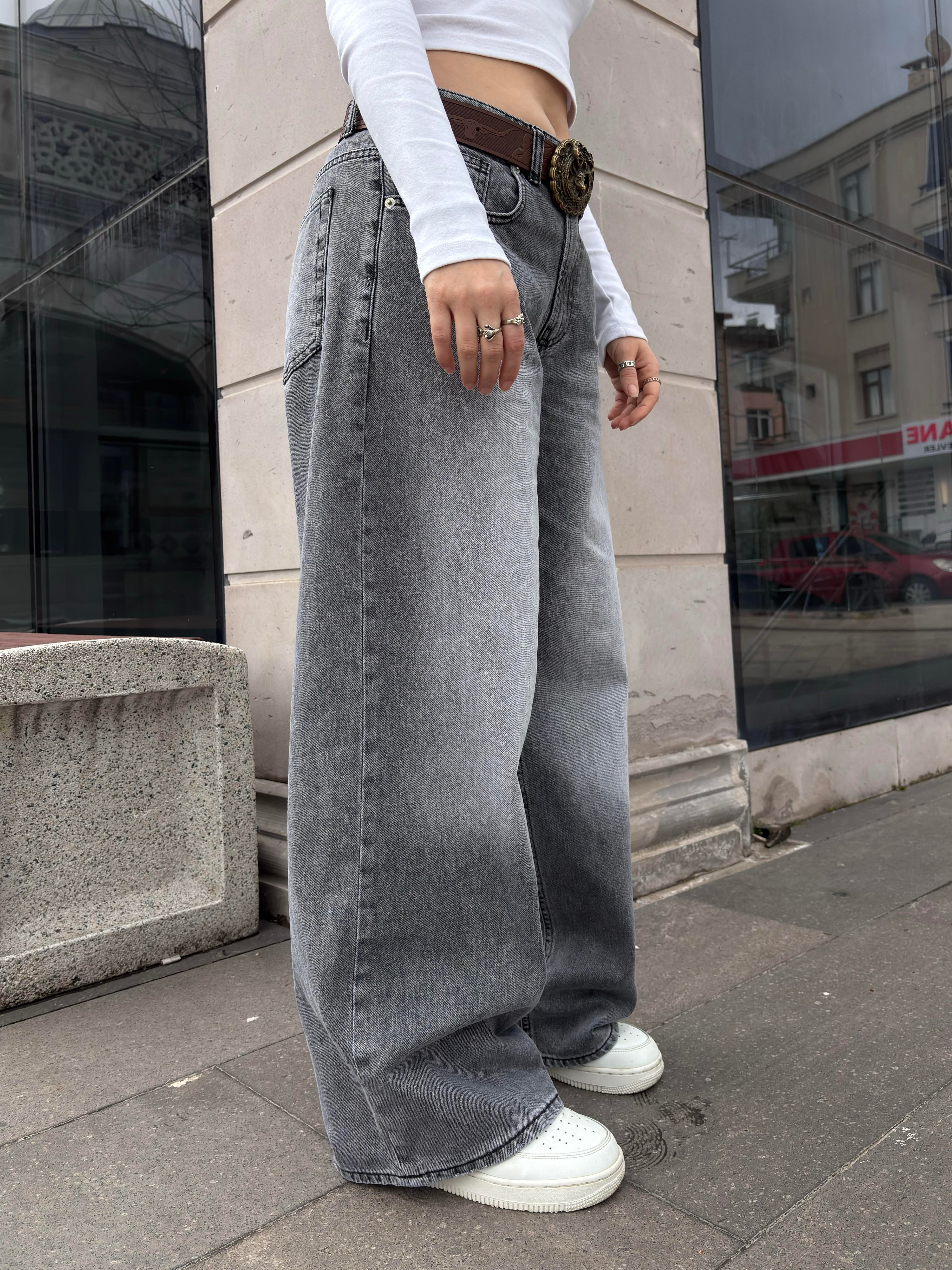 Gri Eskitme Ton Ekstreme Baggy Jeans