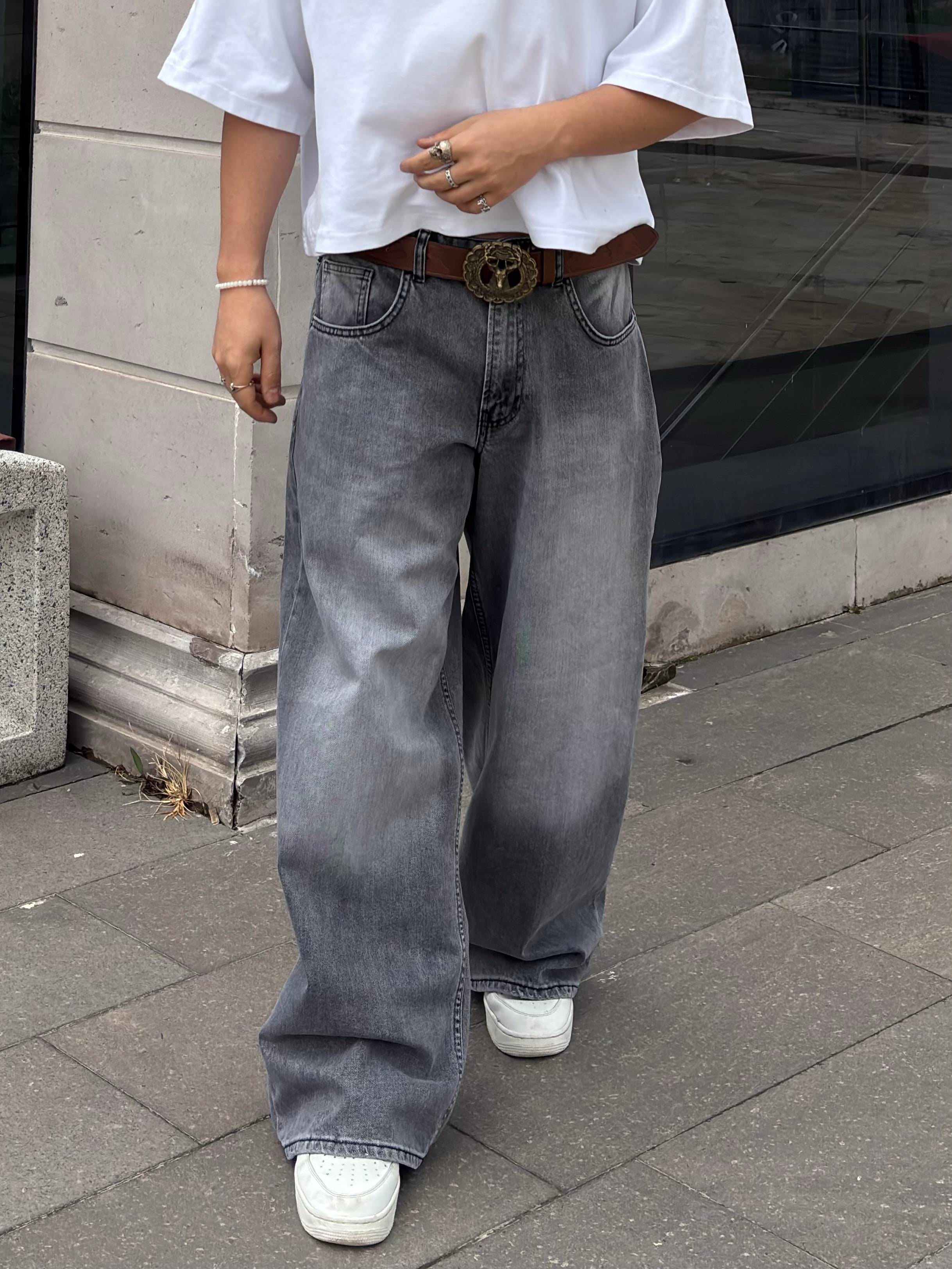 Gri Eskitme Ton Ekstreme Baggy Jeans