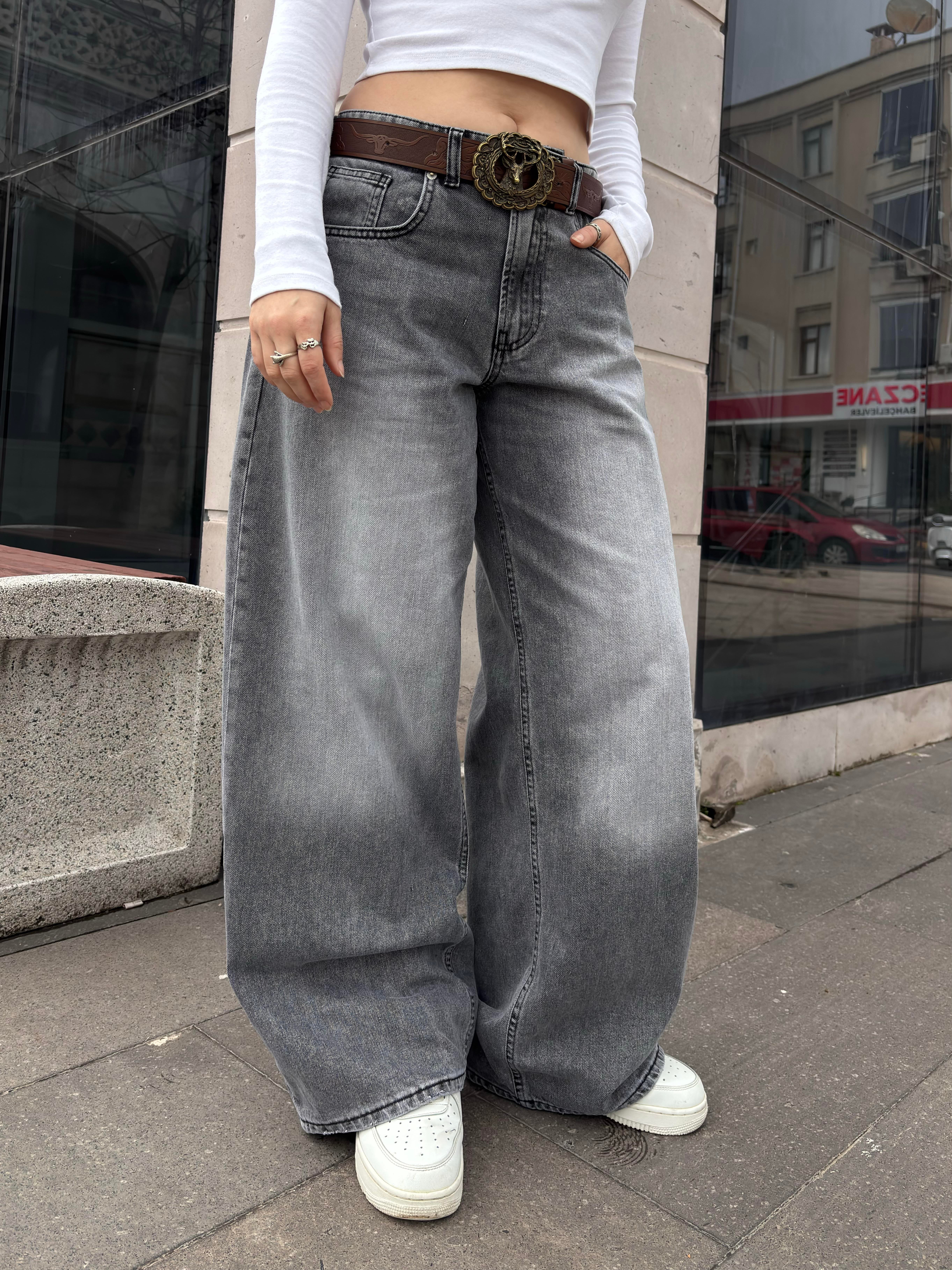 Gri Eskitme Ton Ekstreme Baggy Jeans