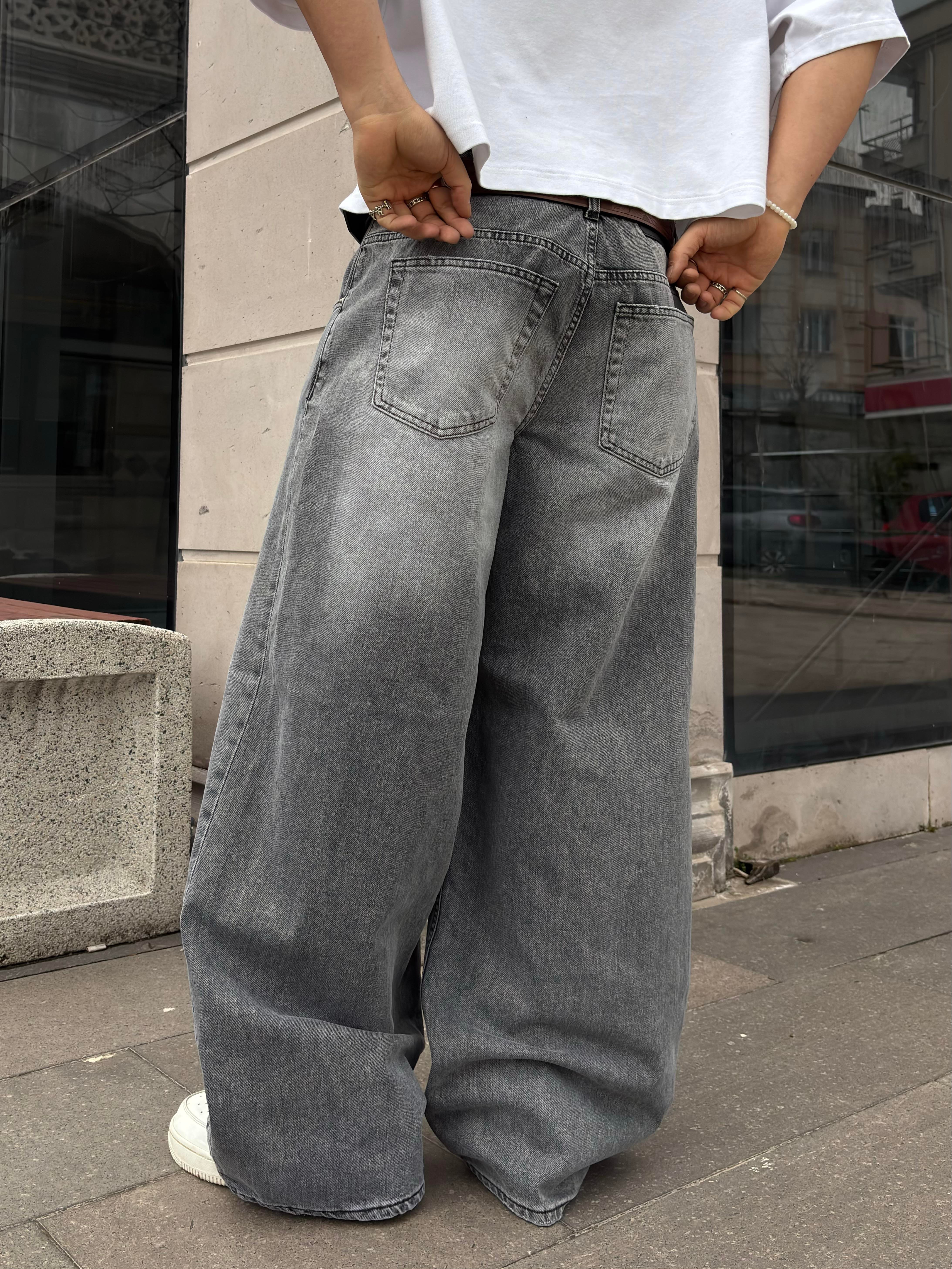 Gri Eskitme Ton Ekstreme Baggy Jeans