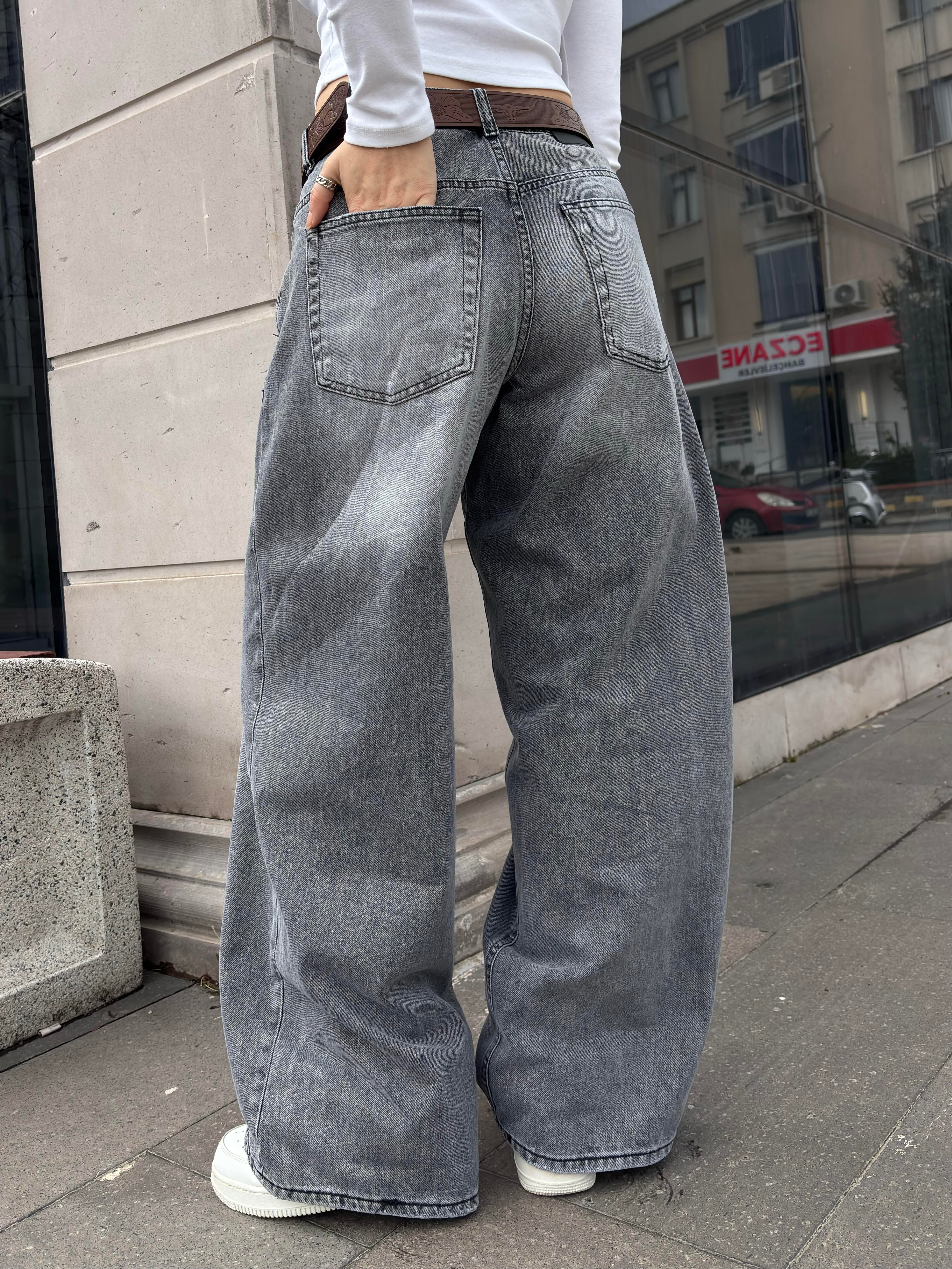Gri Eskitme Ton Ekstreme Baggy Jeans