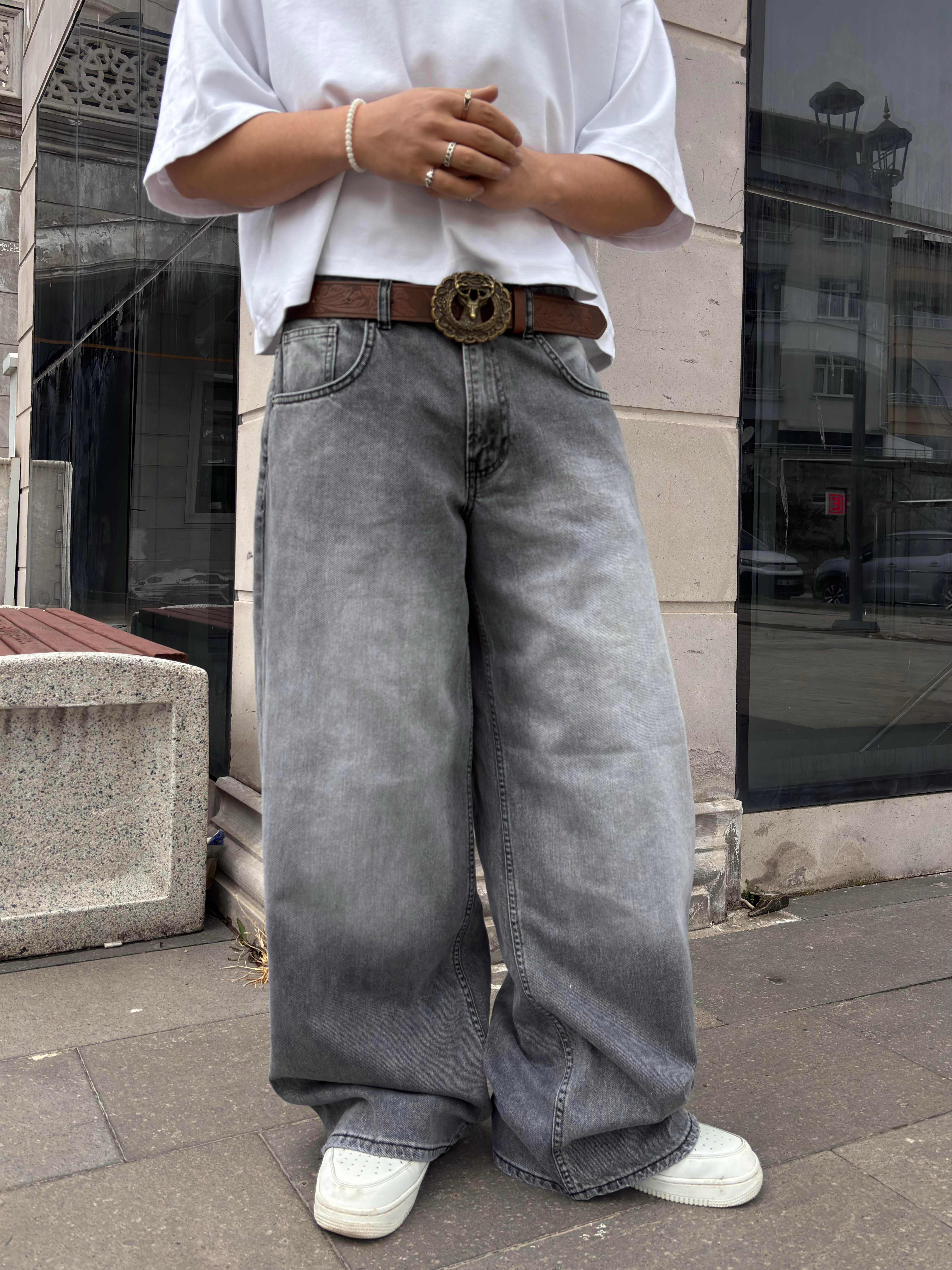 Gri Eskitme Ton Ekstreme Baggy Jeans