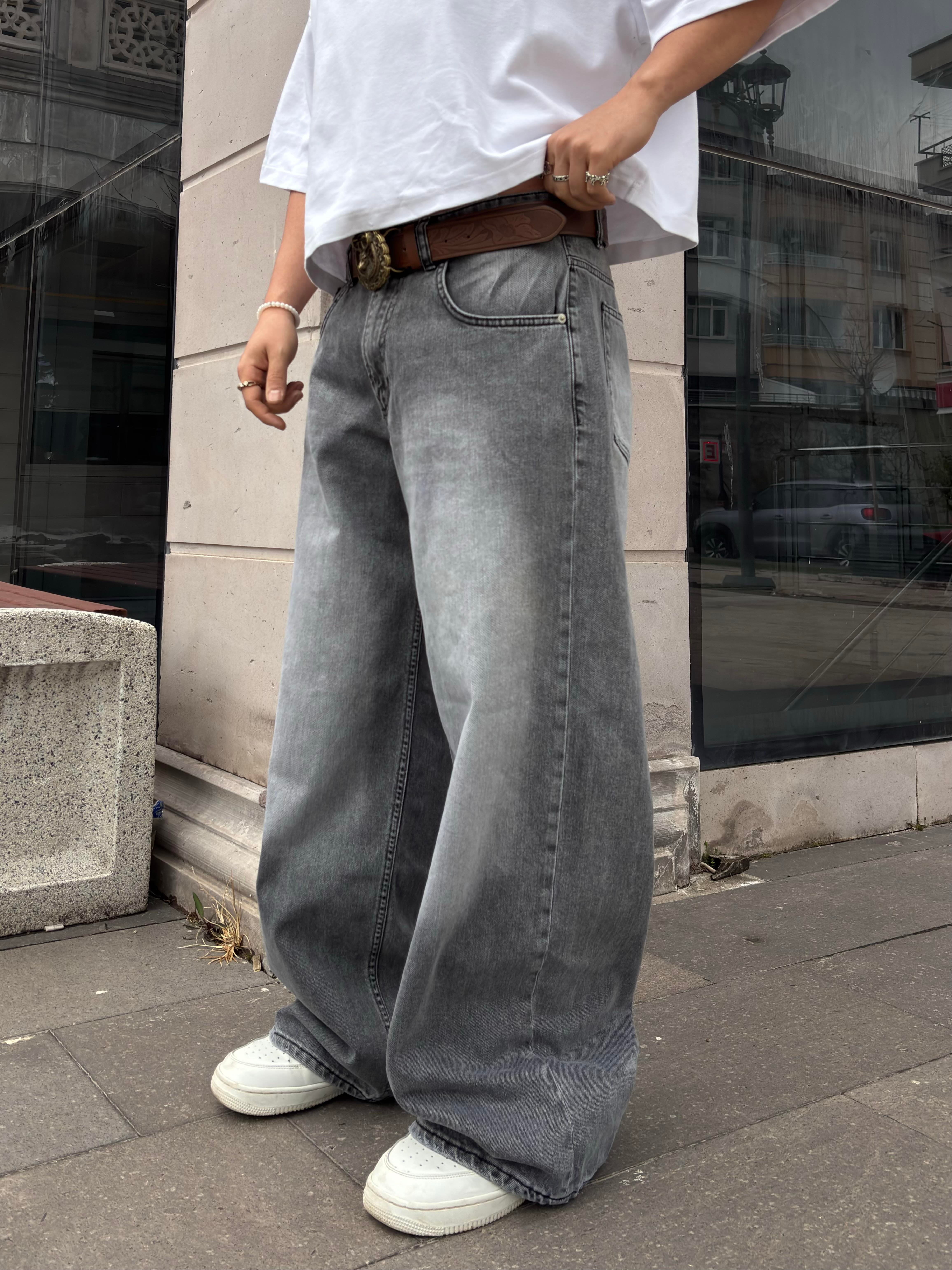 Gri Eskitme Ton Ekstreme Baggy Jeans
