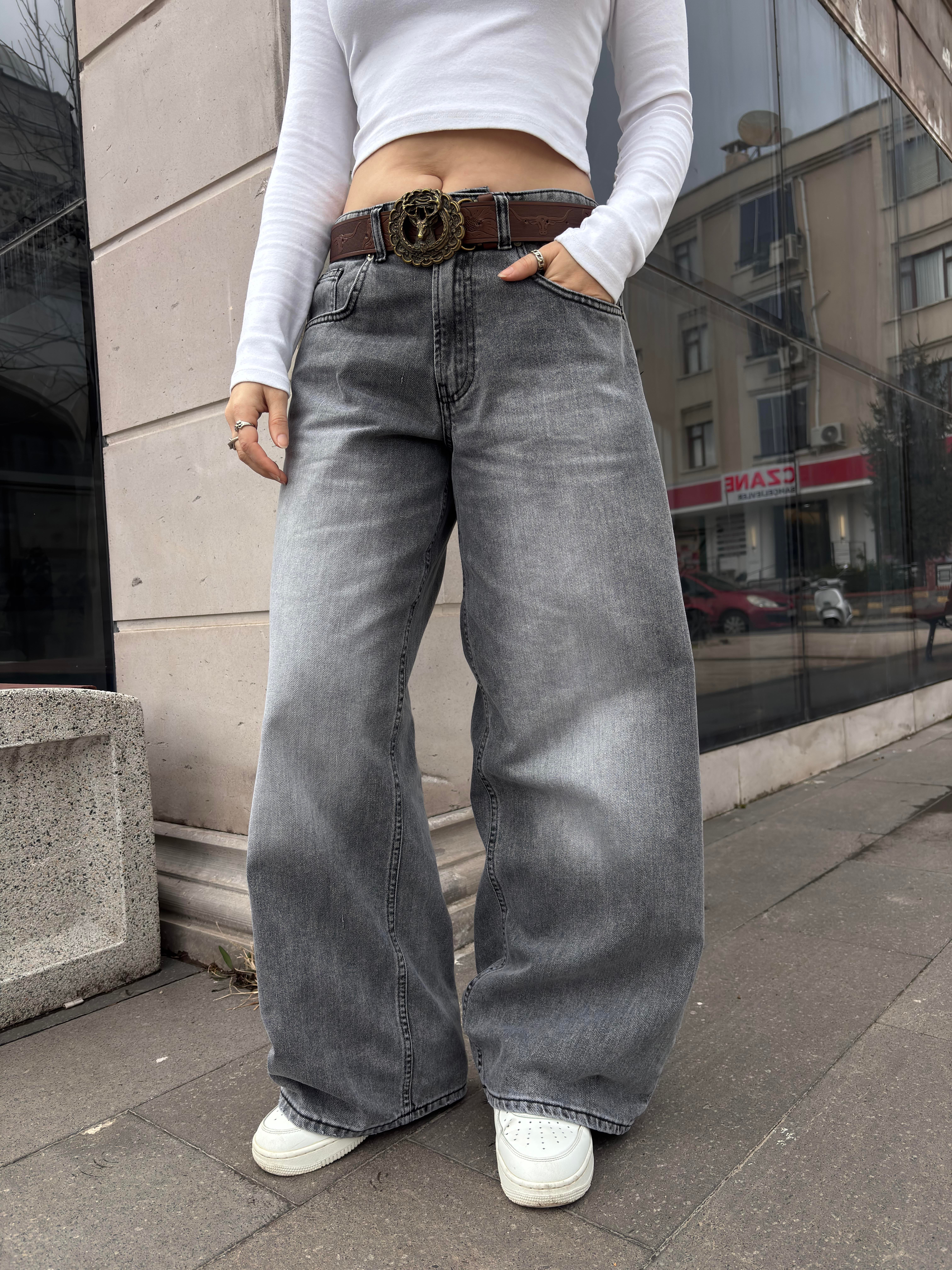 Gri Eskitme Ton Ekstreme Baggy Jeans