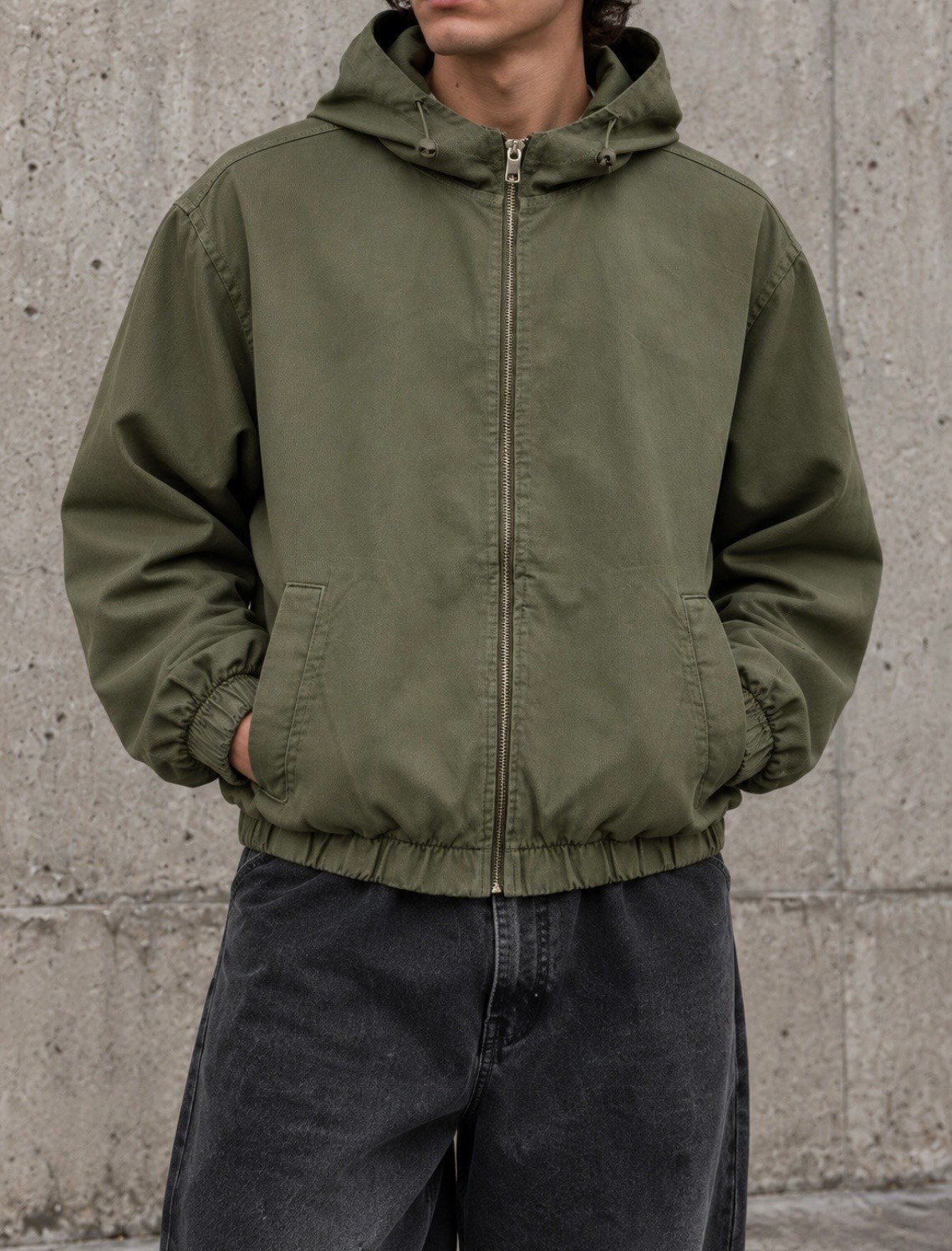 Haki Washed Zip-Up Hooded Jacket