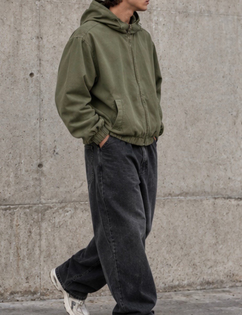 Haki Washed Zip-Up Hooded Jacket
