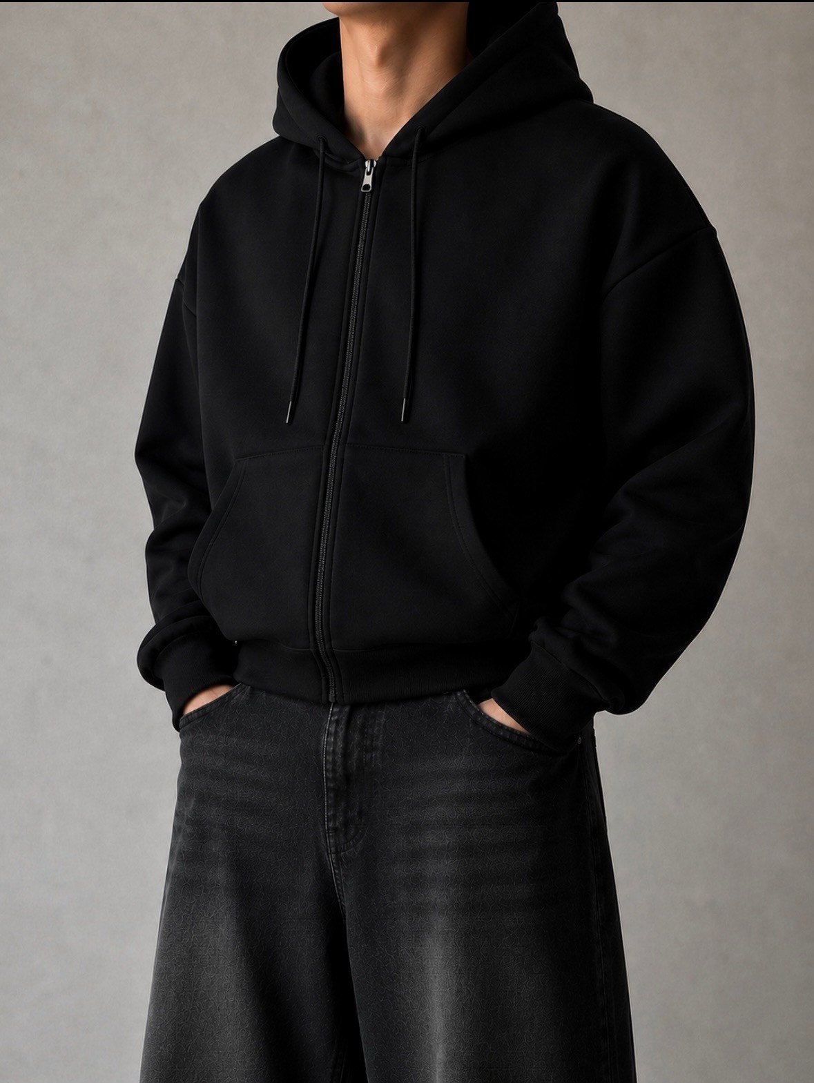 Heavy Noir Black Zip Oversize Hoodie