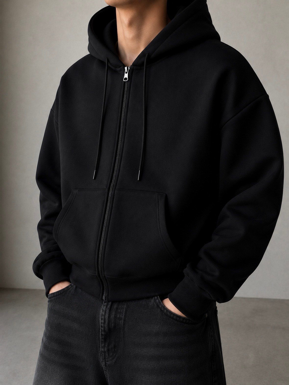 Heavy Noir Black Zip Oversize Hoodie