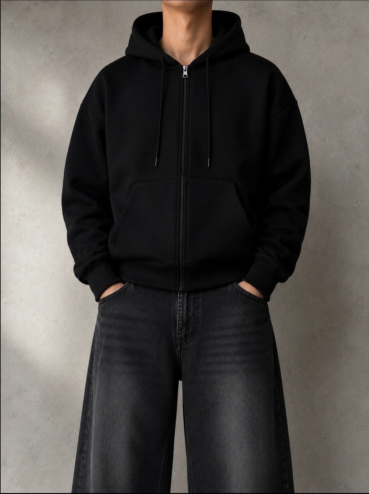 Heavy Noir Black Zip Oversize Hoodie