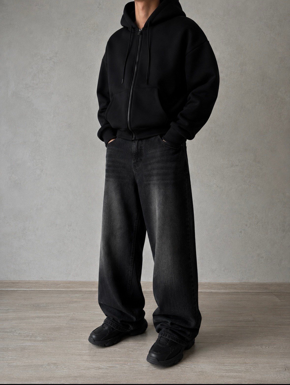 Heavy Noir Black Zip Oversize Hoodie