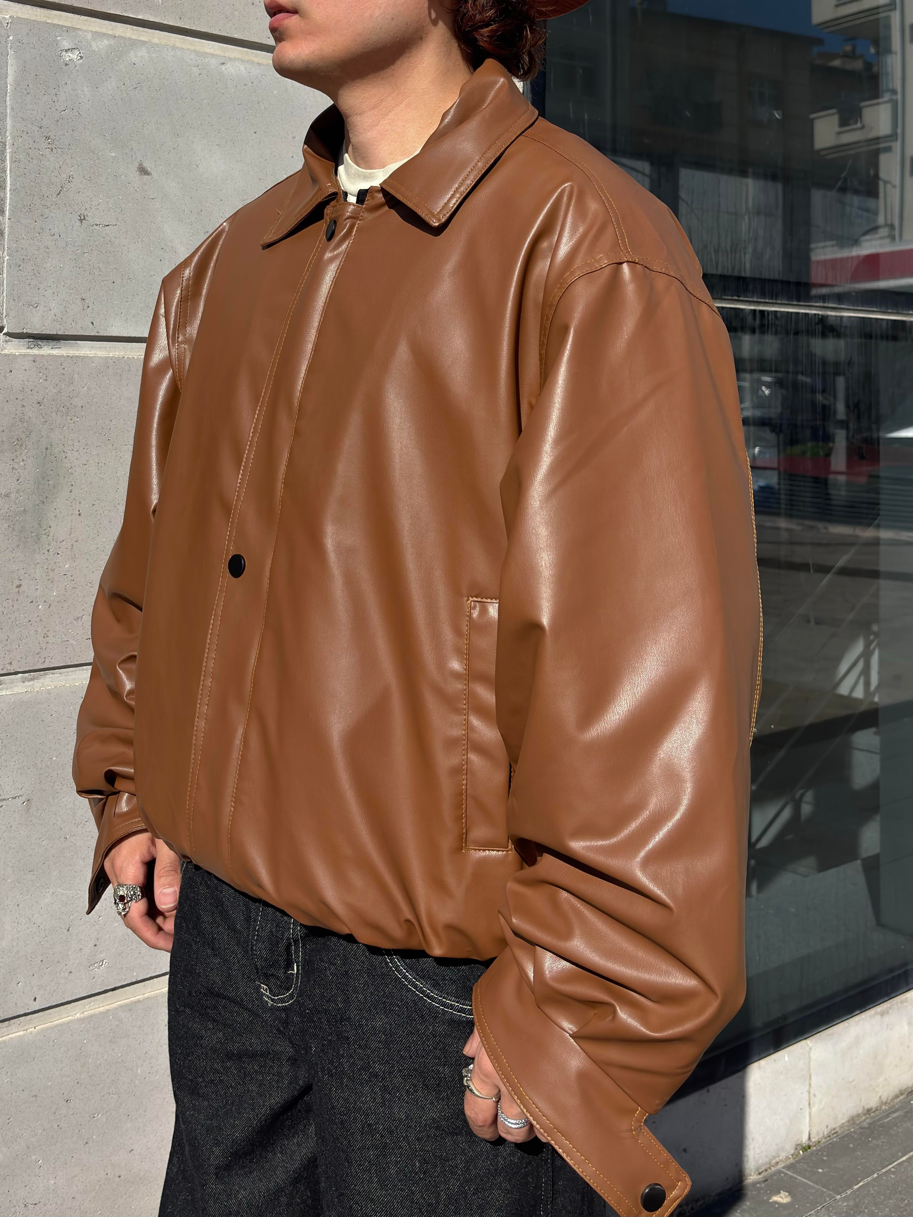 Kahverengi Bomber Full-Zip Deri Ceket