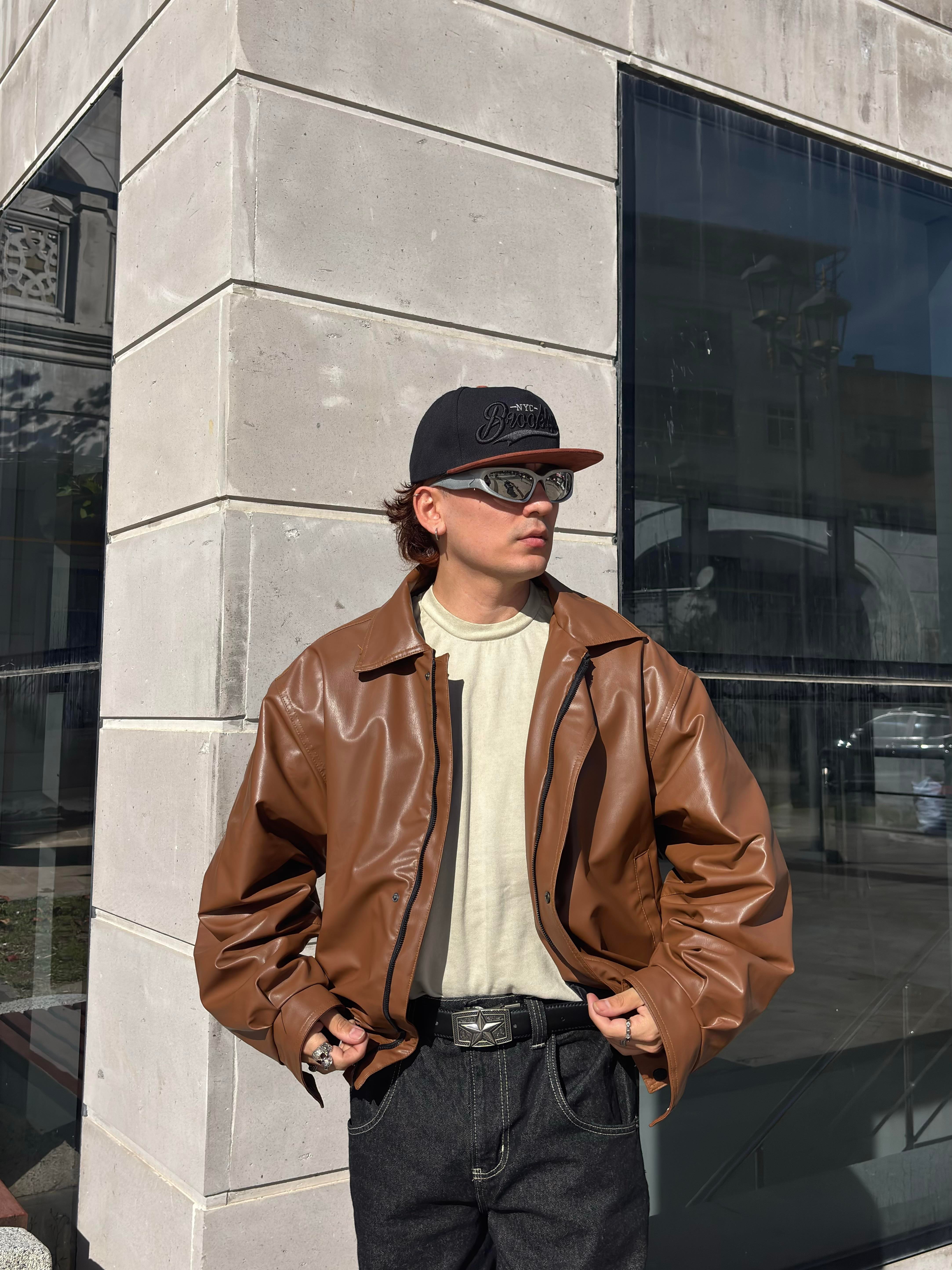 Kahverengi Bomber Full-Zip Deri Ceket
