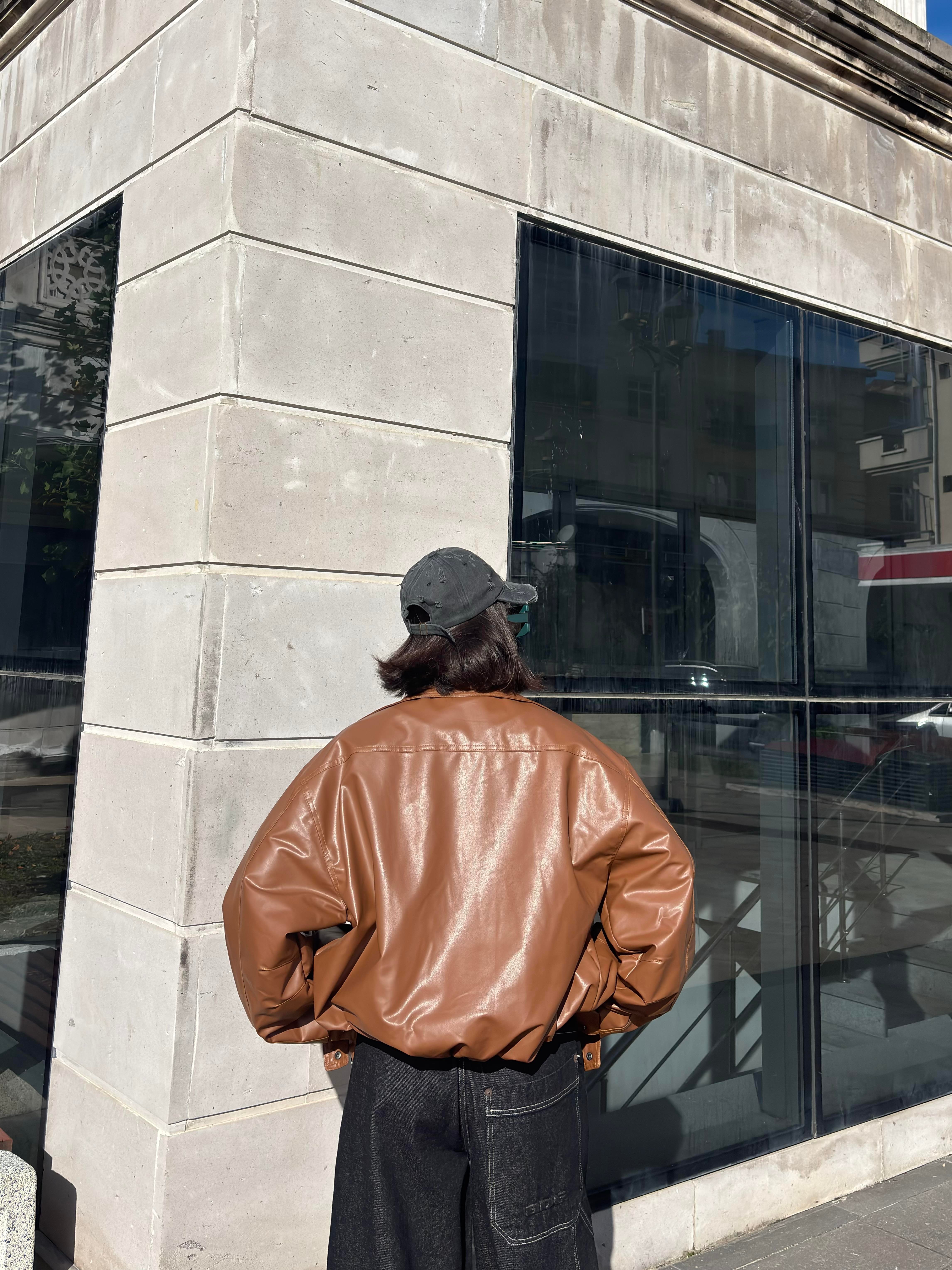 Kahverengi Bomber Full-Zip Deri Ceket