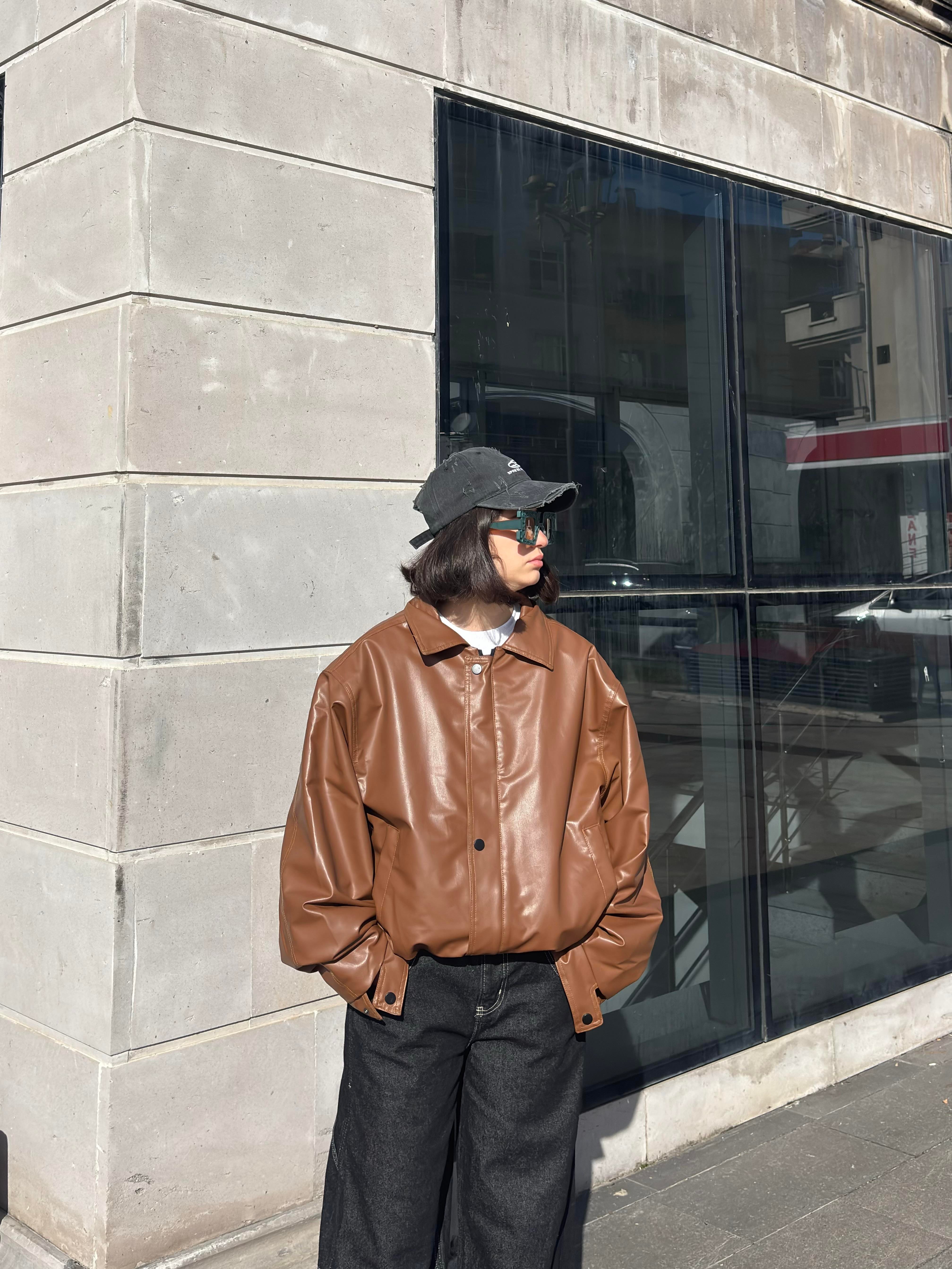 Kahverengi Bomber Full-Zip Deri Ceket