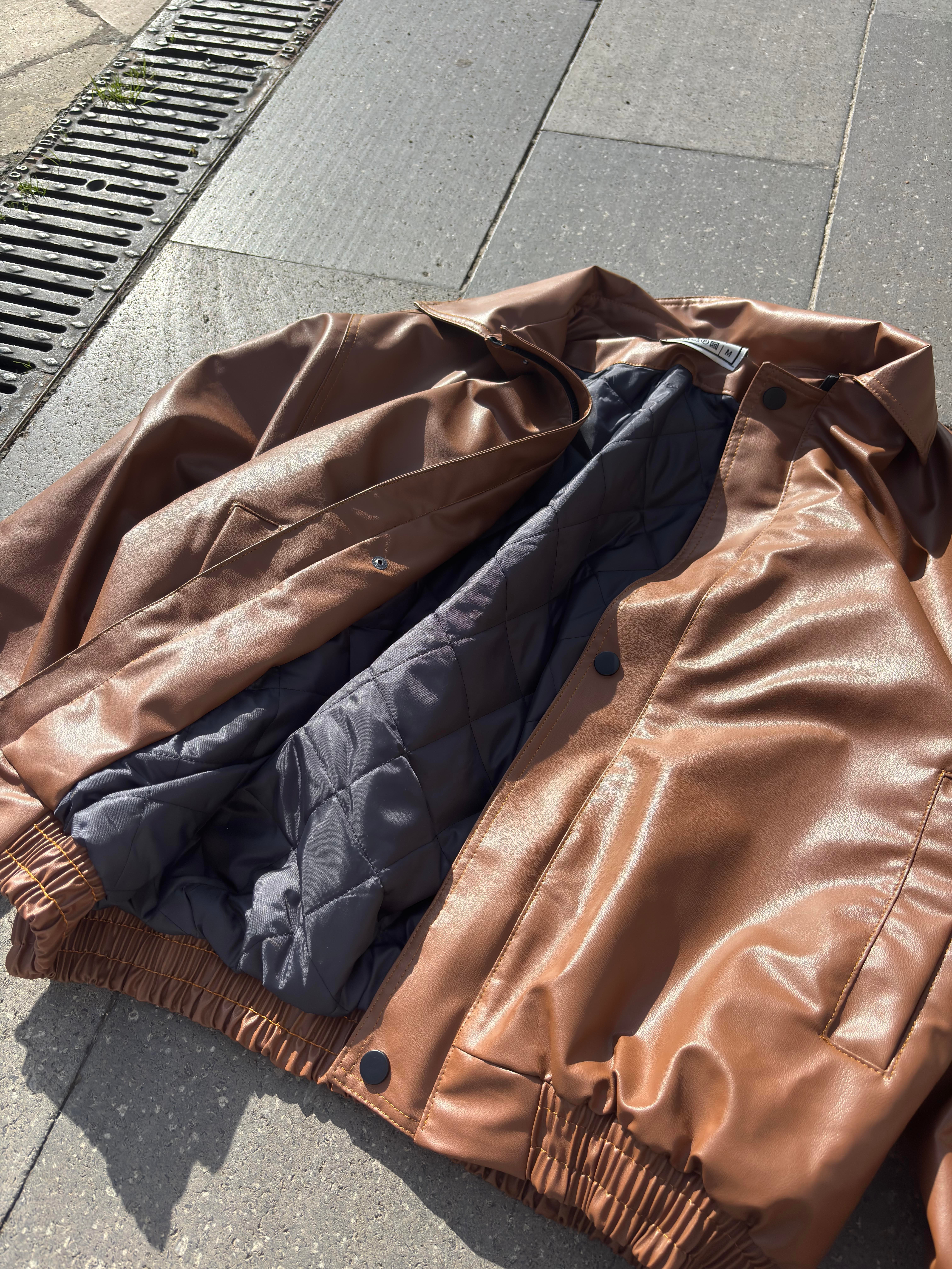 Kahverengi Bomber Full-Zip Deri Ceket