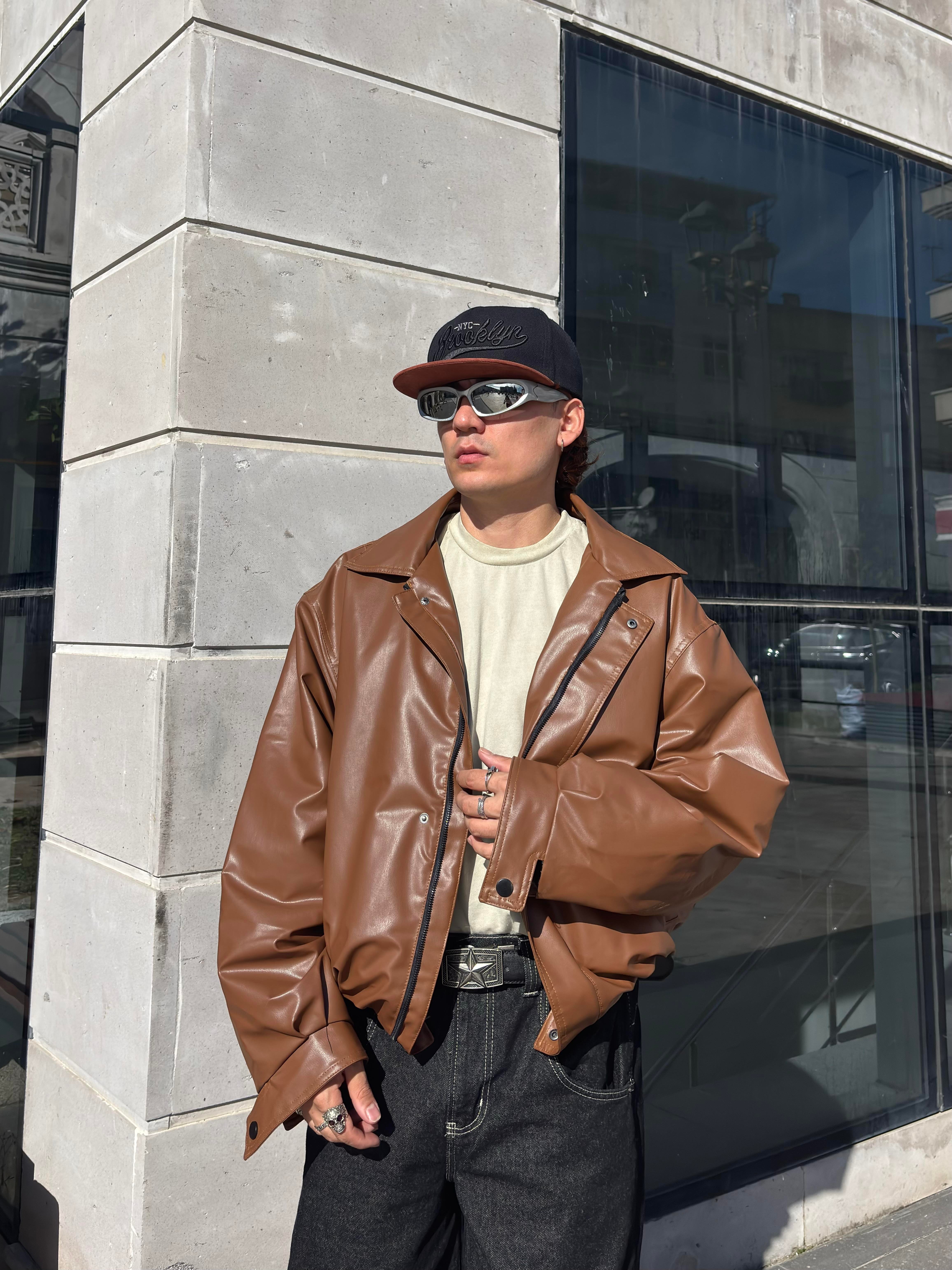 Kahverengi Bomber Full-Zip Deri Ceket