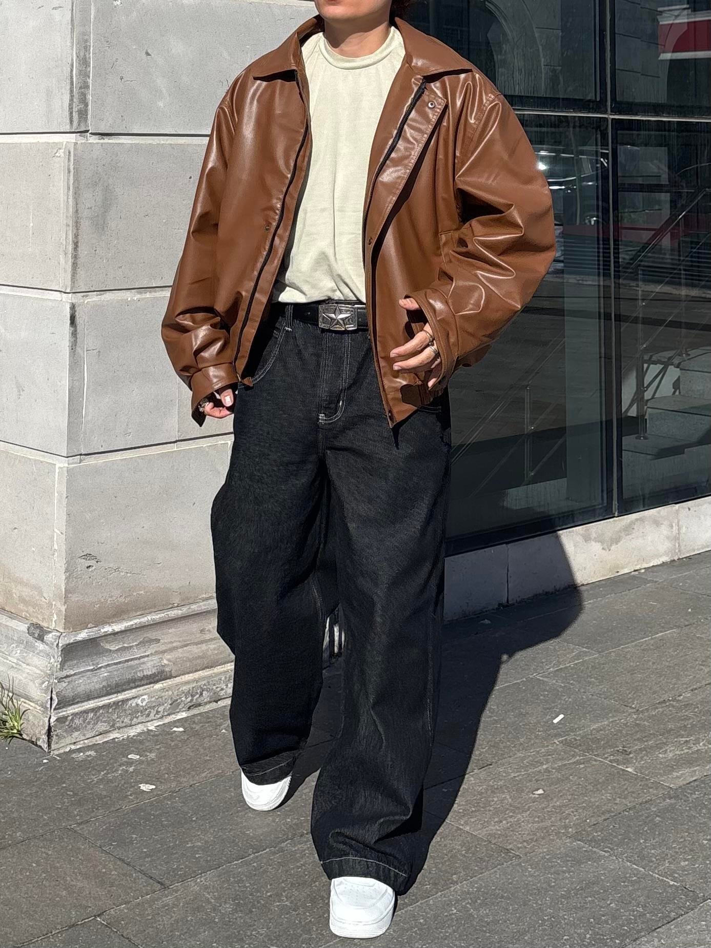 Kahverengi Bomber Full-Zip Deri Ceket
