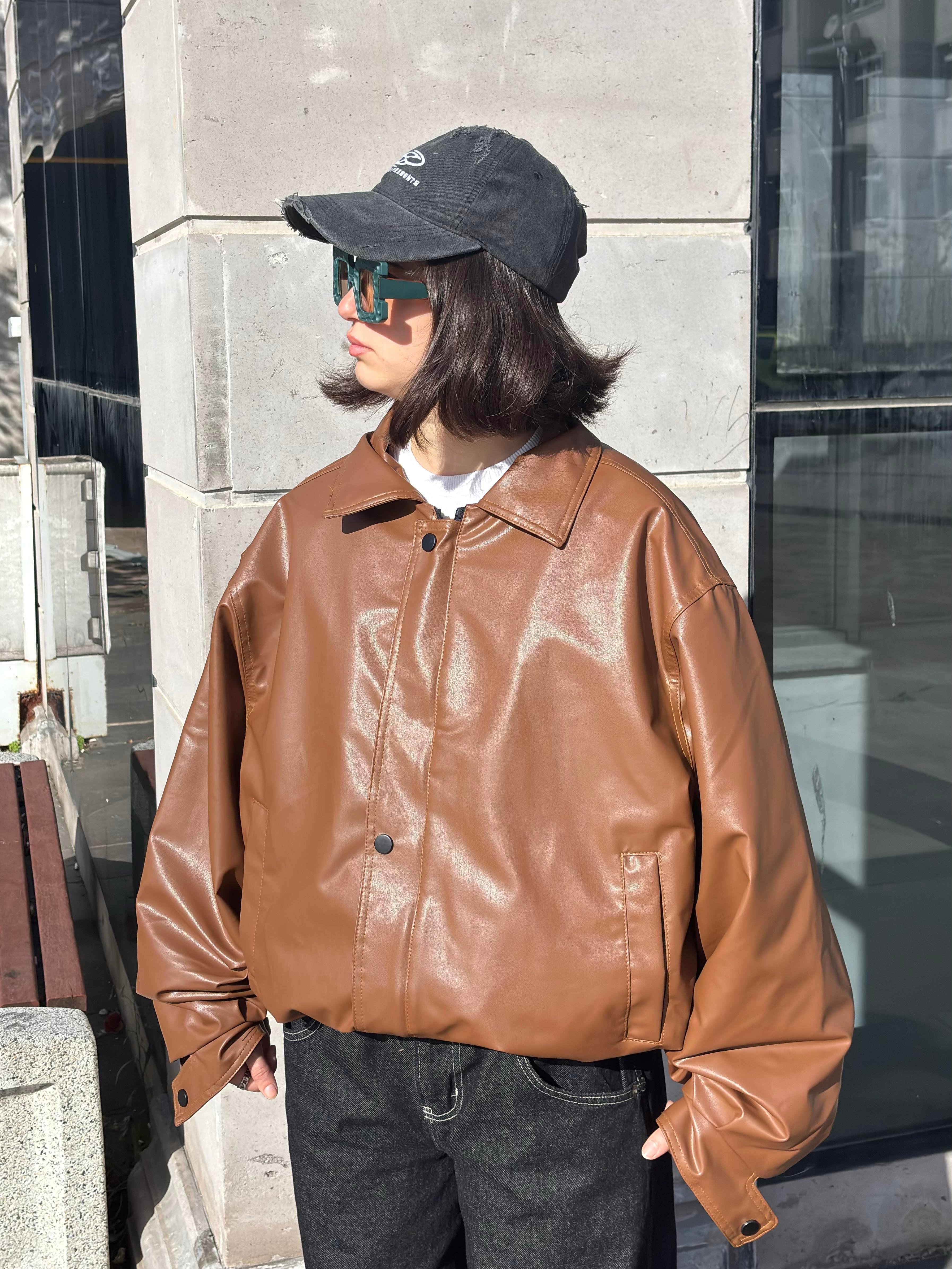 Kahverengi Bomber Full-Zip Deri Ceket