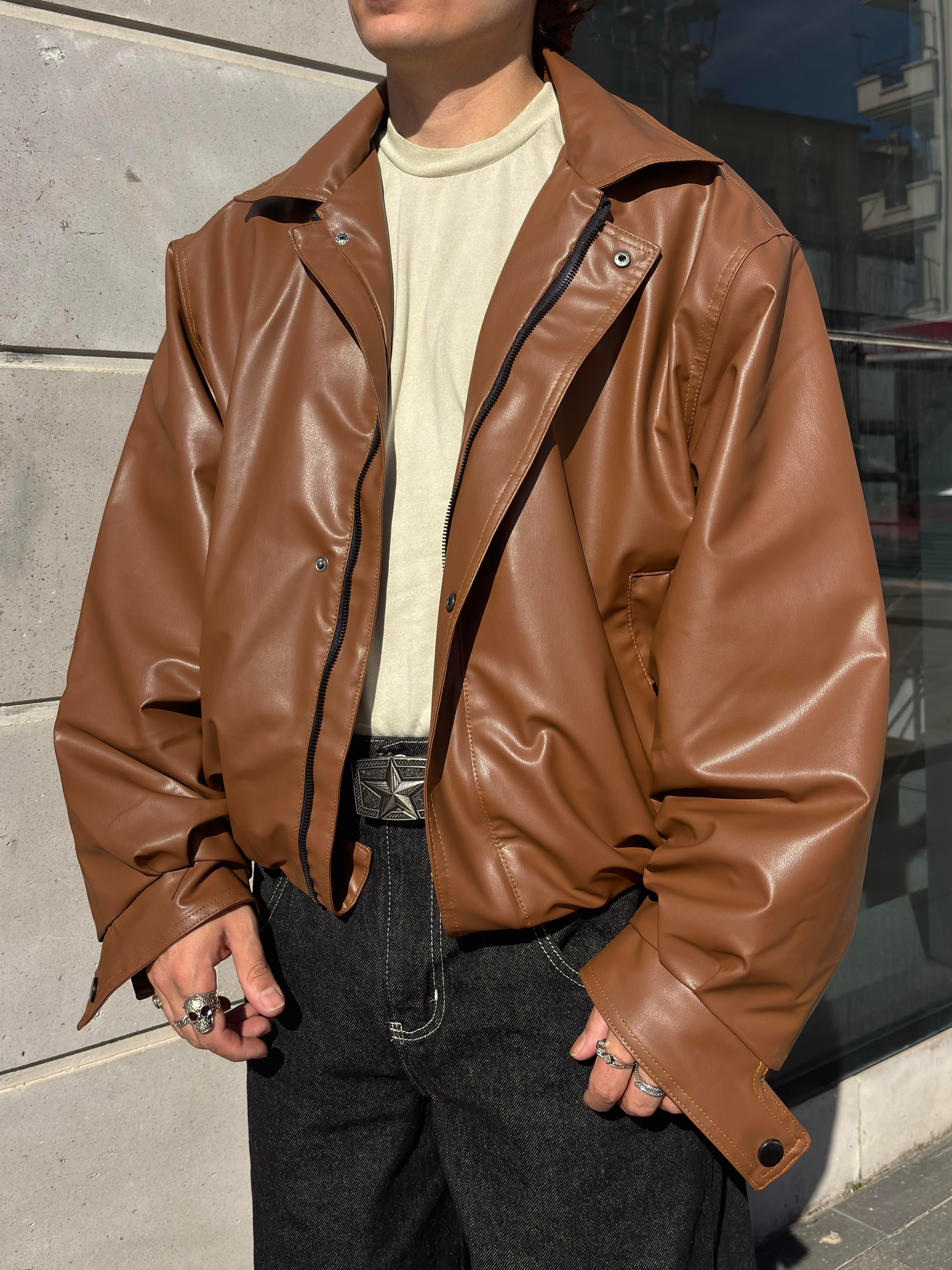 Kahverengi Bomber Full-Zip Deri Ceket