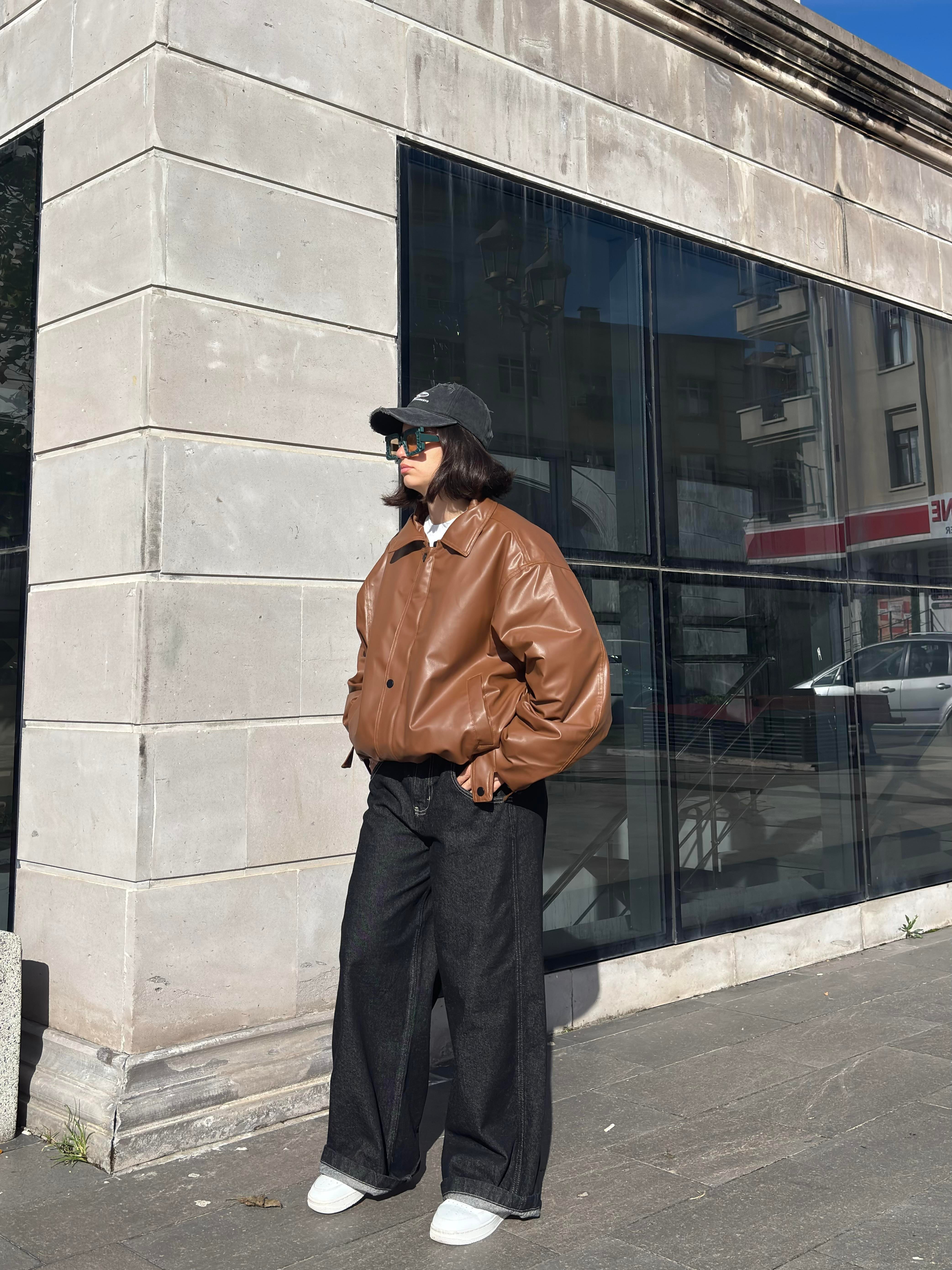 Kahverengi Bomber Full-Zip Deri Ceket